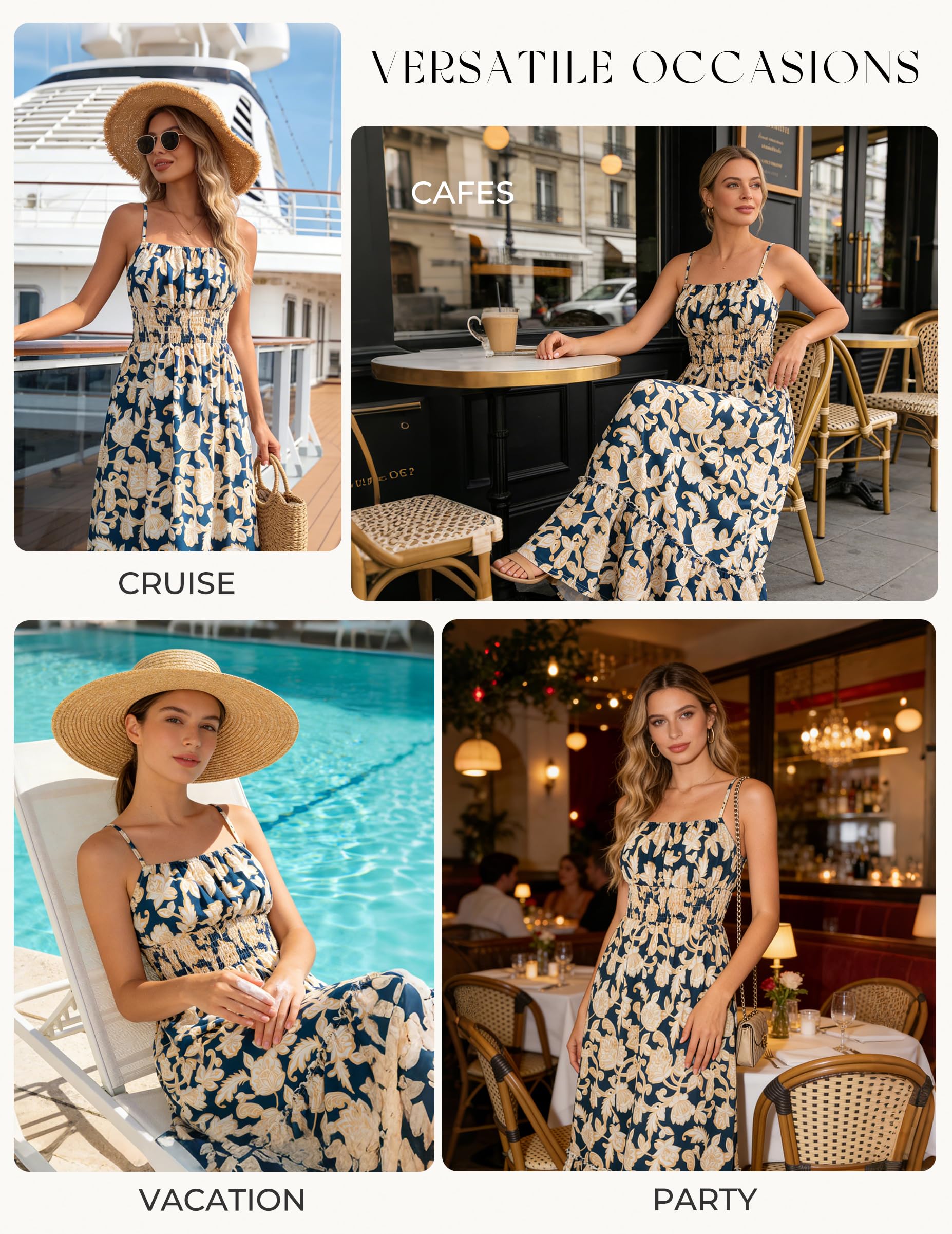GRACE KARIN Summer Dresses for Women 2026 Vacation,Smocked Floral Maxi Dresses,Boho Beach Long Sundress Navy Flower S