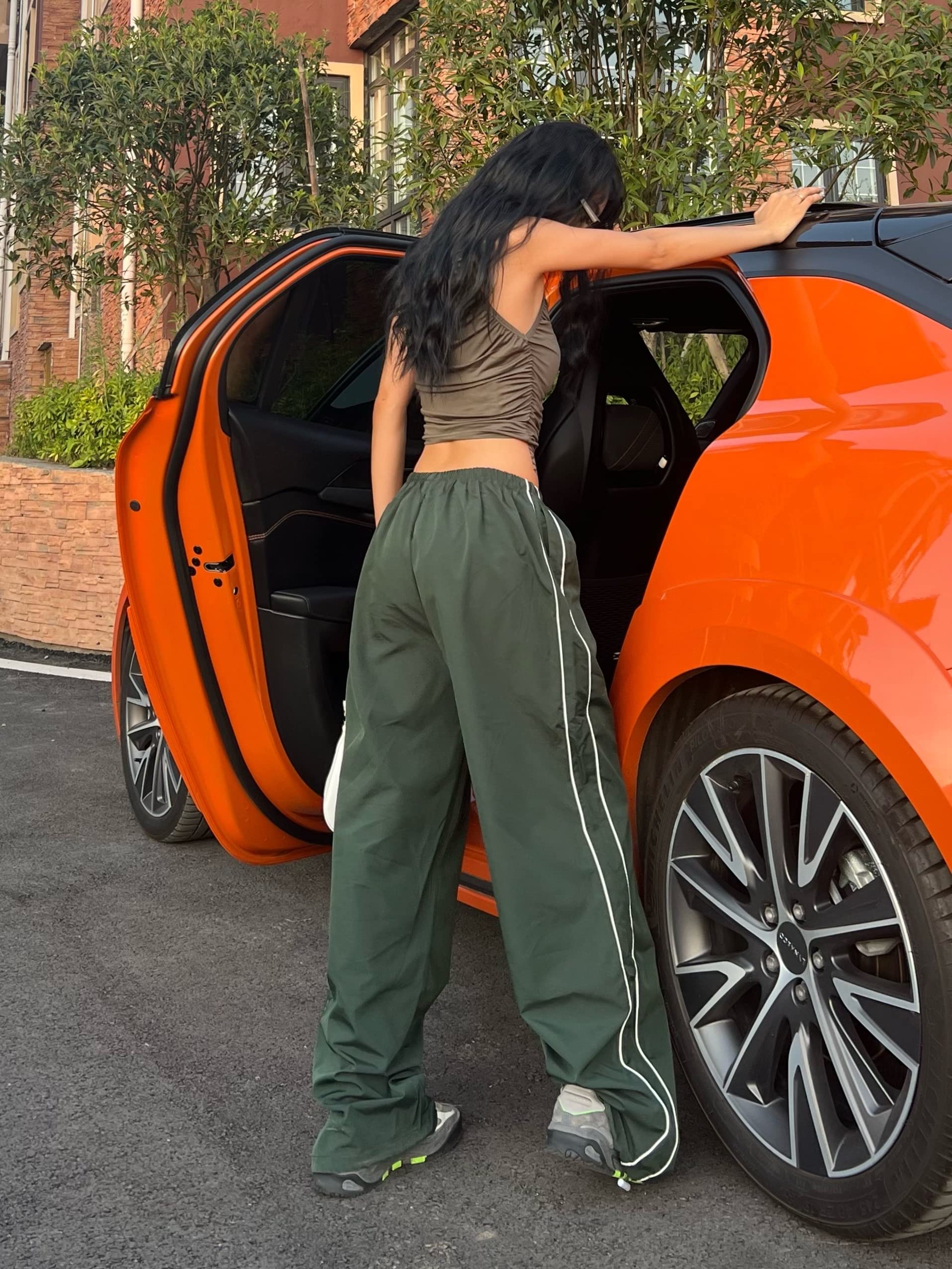 Springrain Womens Wide Leg Track Pants Slouchy Stripe Detail Jogger Sweatpants with Pockets(ArmyGreen-XS)