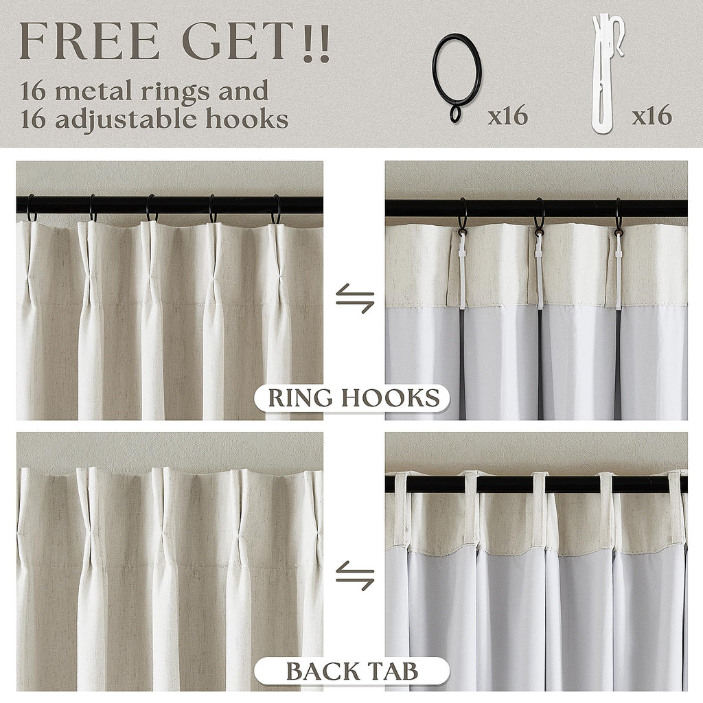 Natural Linen 100% Black Out Pinch Pleated Curtains 108 Inches Long 2 Panels Set for Bedroom Cream Back Tab Thermal Insulated Energy Efficient Blackout Curtains Living Room High Ceiling Length 9 Ft