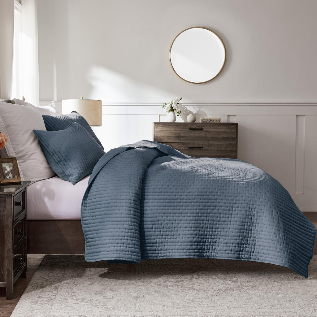 WDCOZY Blue Cross Stitch King Size Quilt Set, Striped Lightweight Soft Bedspread, Channel Farmhouse Rustic Coverlet, All Season Country Bedding, Thin Comforter