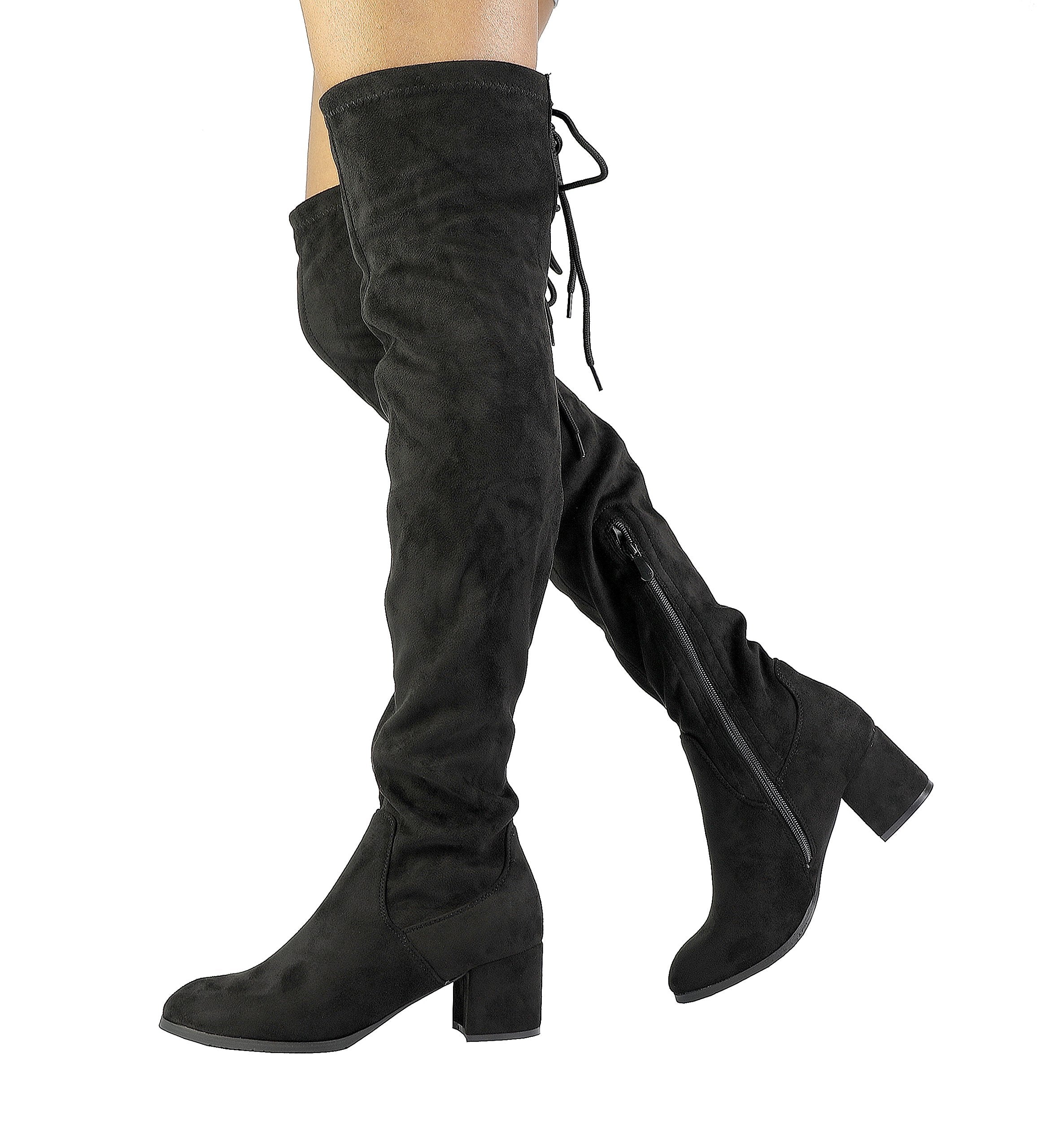DREAM PAIRS Women's Laurence Over The Knee Thigh High Chunky Heel Boots Long Stretch Sexy Fall Boots,Size 7.5,Black,LAURENCE