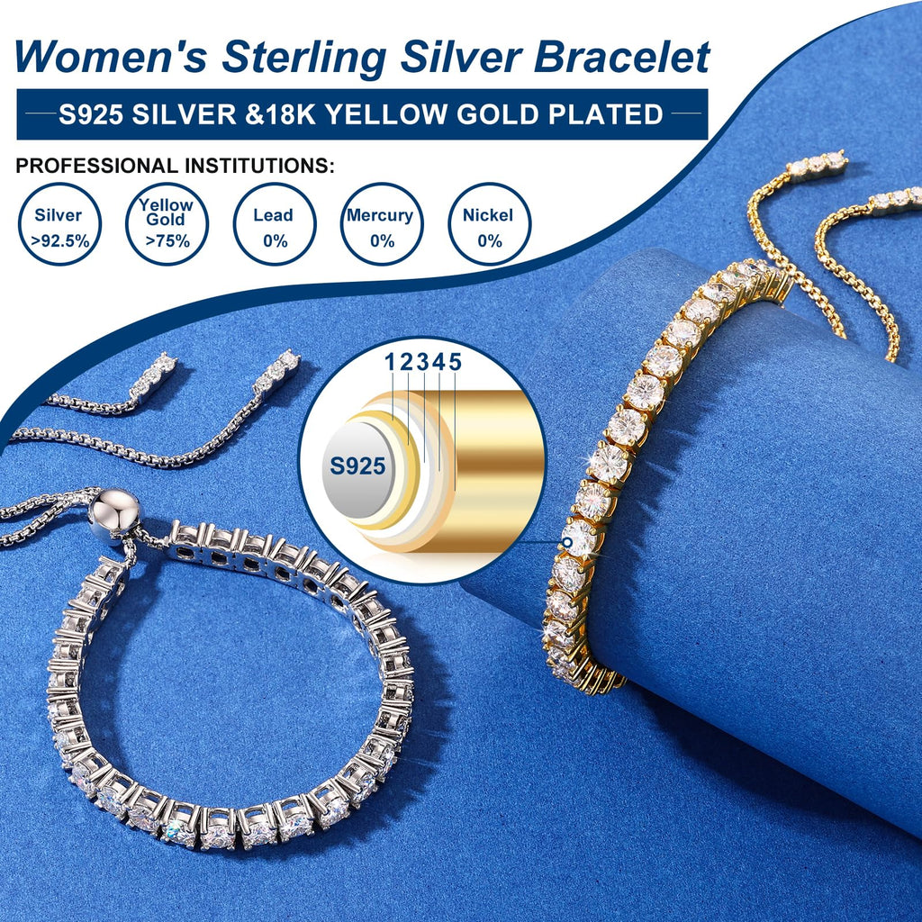 Moissanite Tennis Bracelet, 8.69 Carats Adjustable Bracelet for Women 18K Yellow Gold Plated S925 Sterling Silver Tennis Bracelet D Color VVS1 Round Cut 4MM Moissanite Bracelet Non Tarnish Bracelets