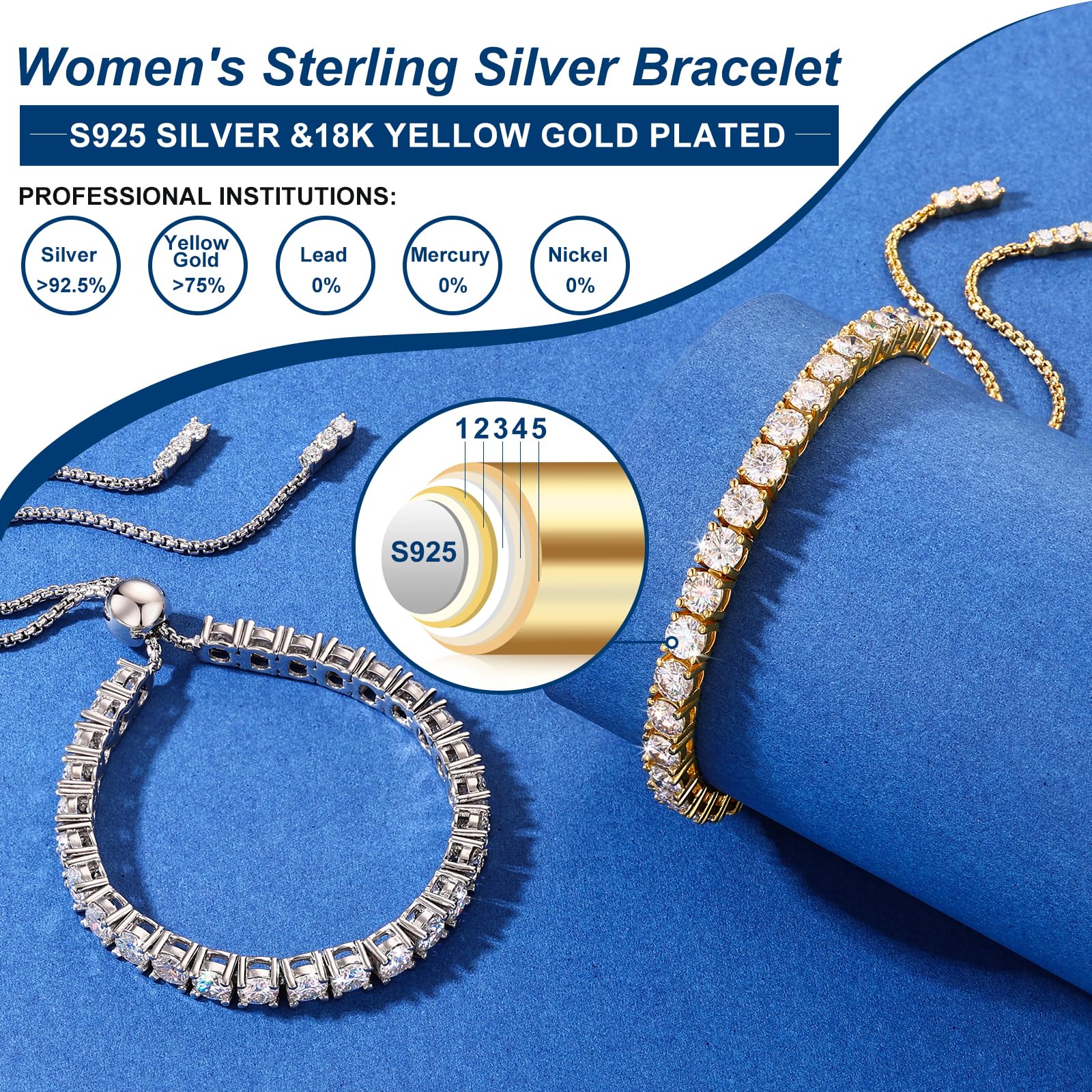 Moissanite Tennis Bracelet, 8.69 Carats Adjustable Bracelet for Women 18K Yellow Gold Plated S925 Sterling Silver Tennis Bracelet D Color VVS1 Round Cut 4MM Moissanite Bracelet Non Tarnish Bracelets