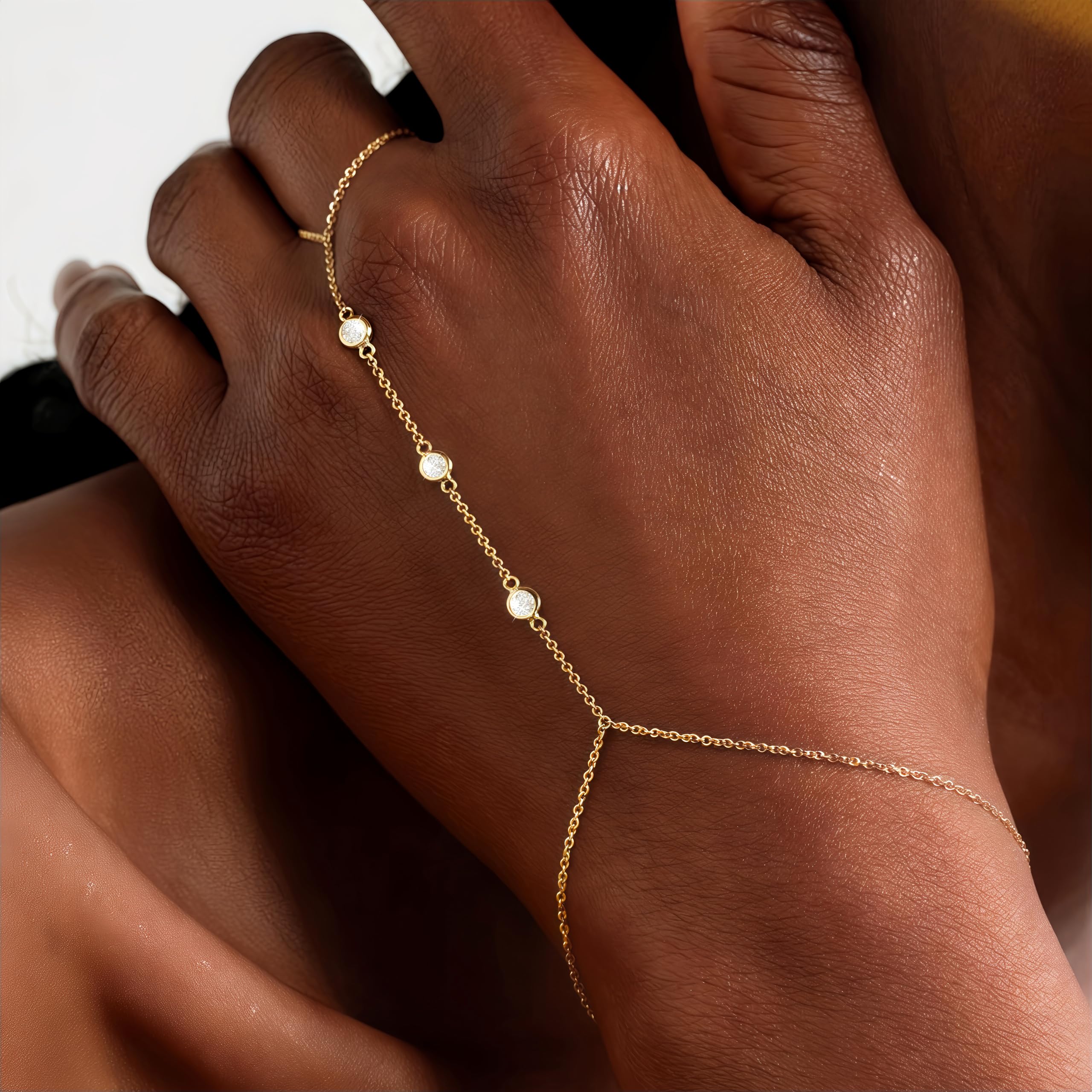 3PCS 14K Gold-Plated Hand Chain Bracelets for Women, Stack Bracelets Set Adjustable, Dainty Ring Bracelet Hand Chain