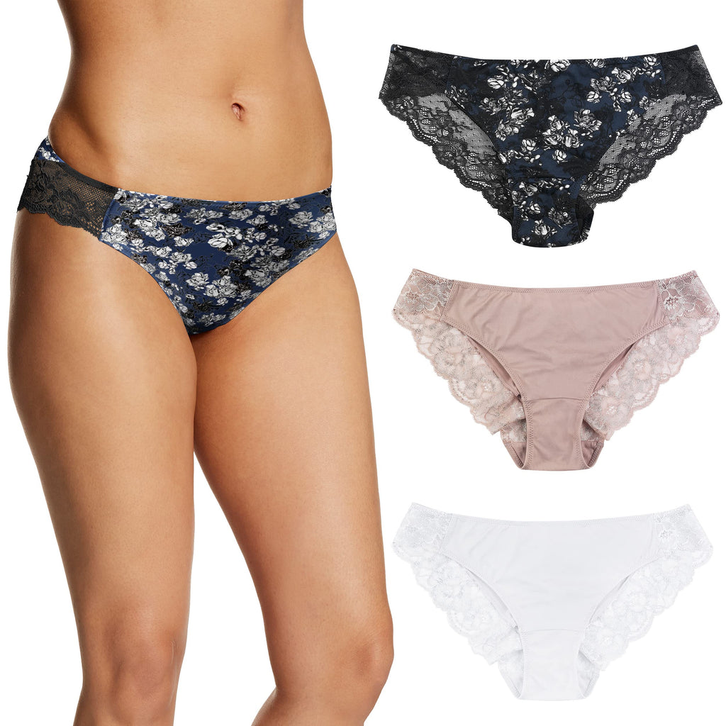 Maidenform Womens Tanga Panty Pack, Lace Back Underwear, Cheeky Panties For Bikini Style, Black Navy Blossom/Evening Blush/White, Small US