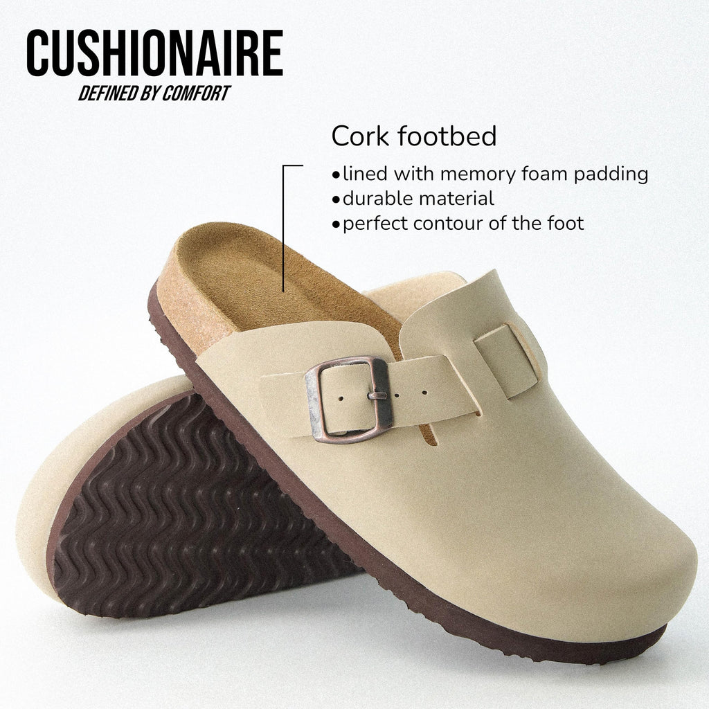 CUSHIONAIRE Hana Womens Clogs | Comfortable Vegan Suede Clogs for Women | Slip On Potato Shoes with Cork Footbed & Arch Support, Stone 7W