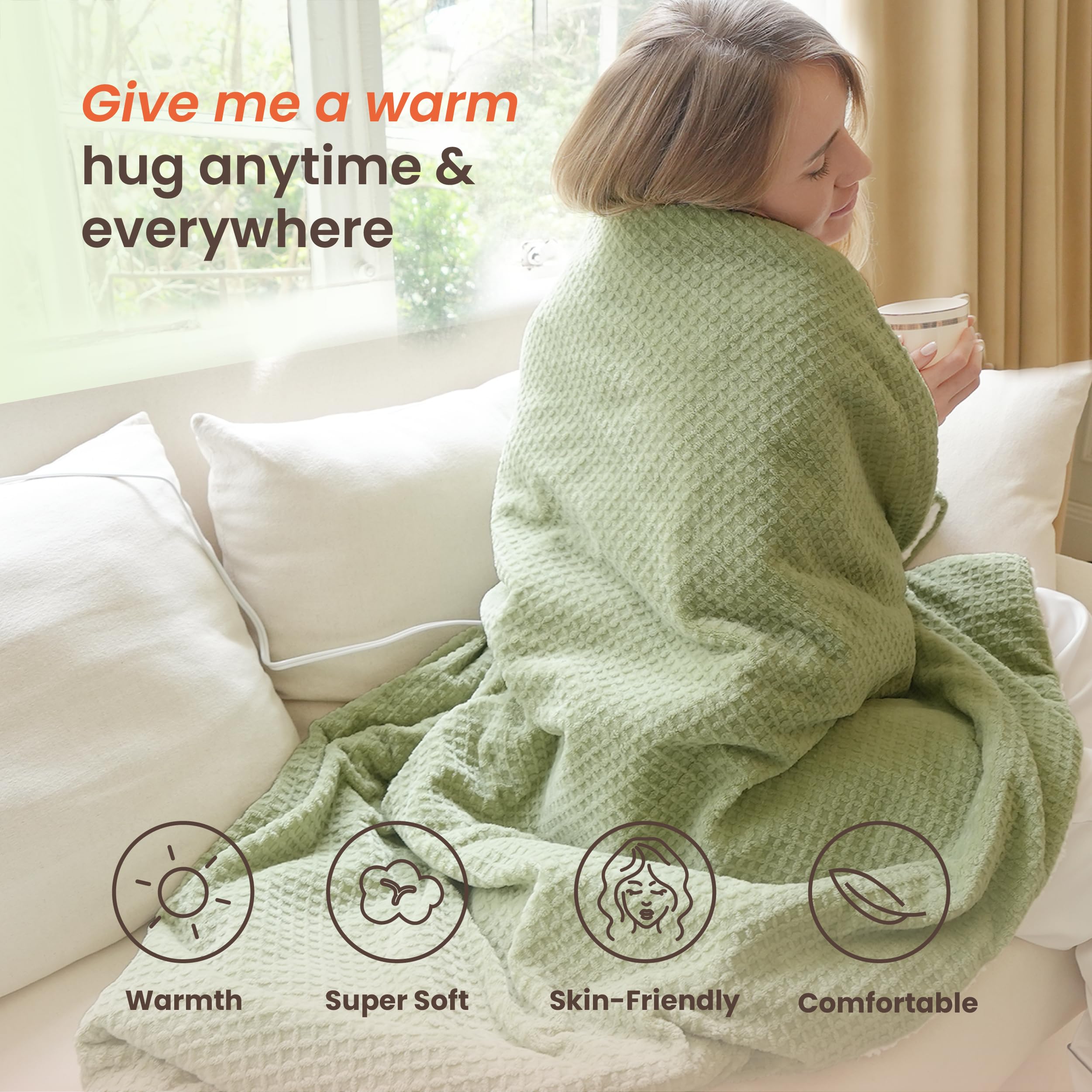 blunique Heated Blanket Electric Throw Waffle, 50x60 Inches Sherpa Fleece Fast Heating Blanket 6 Heating Levels & 4 Hours Auto Off ETL Certification, Sage Throw