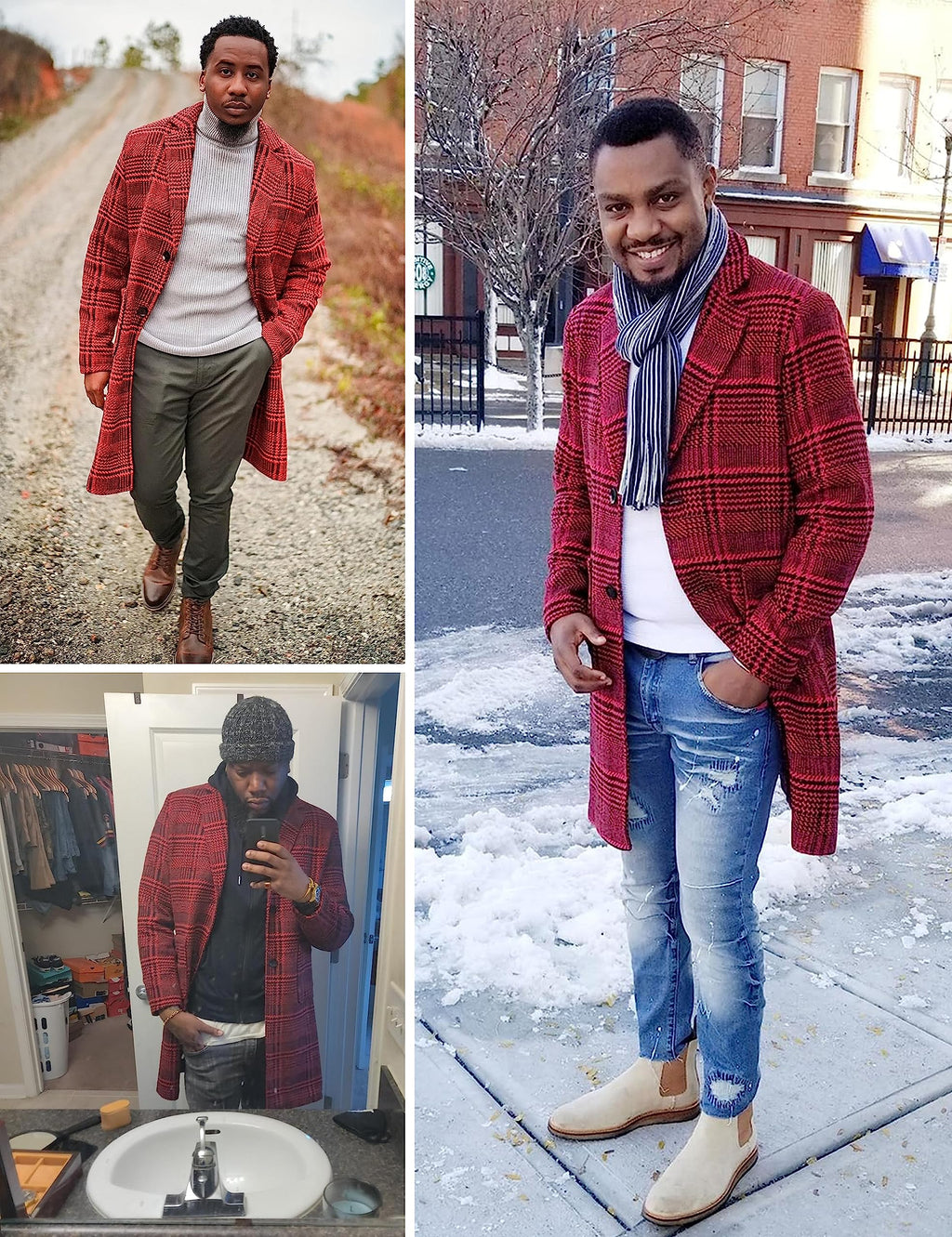 Springrain Men's Wool Blend Pea Coat Notched Collar Single Breasted Overcoat Warm Winter Trench Coat(WineRed-S)