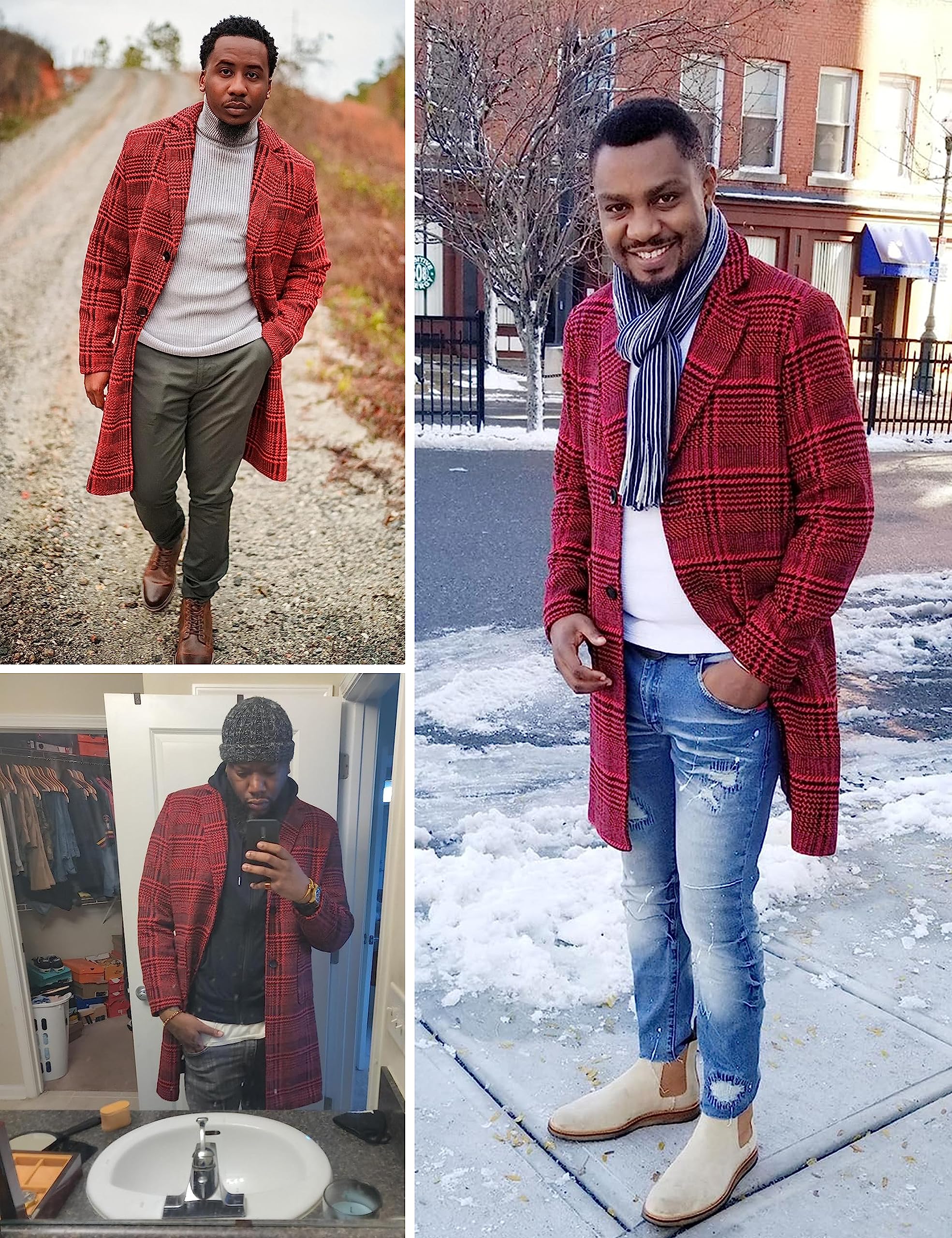 Springrain Men's Wool Blend Pea Coat Notched Collar Single Breasted Overcoat Warm Winter Trench Coat(WineRed-S)