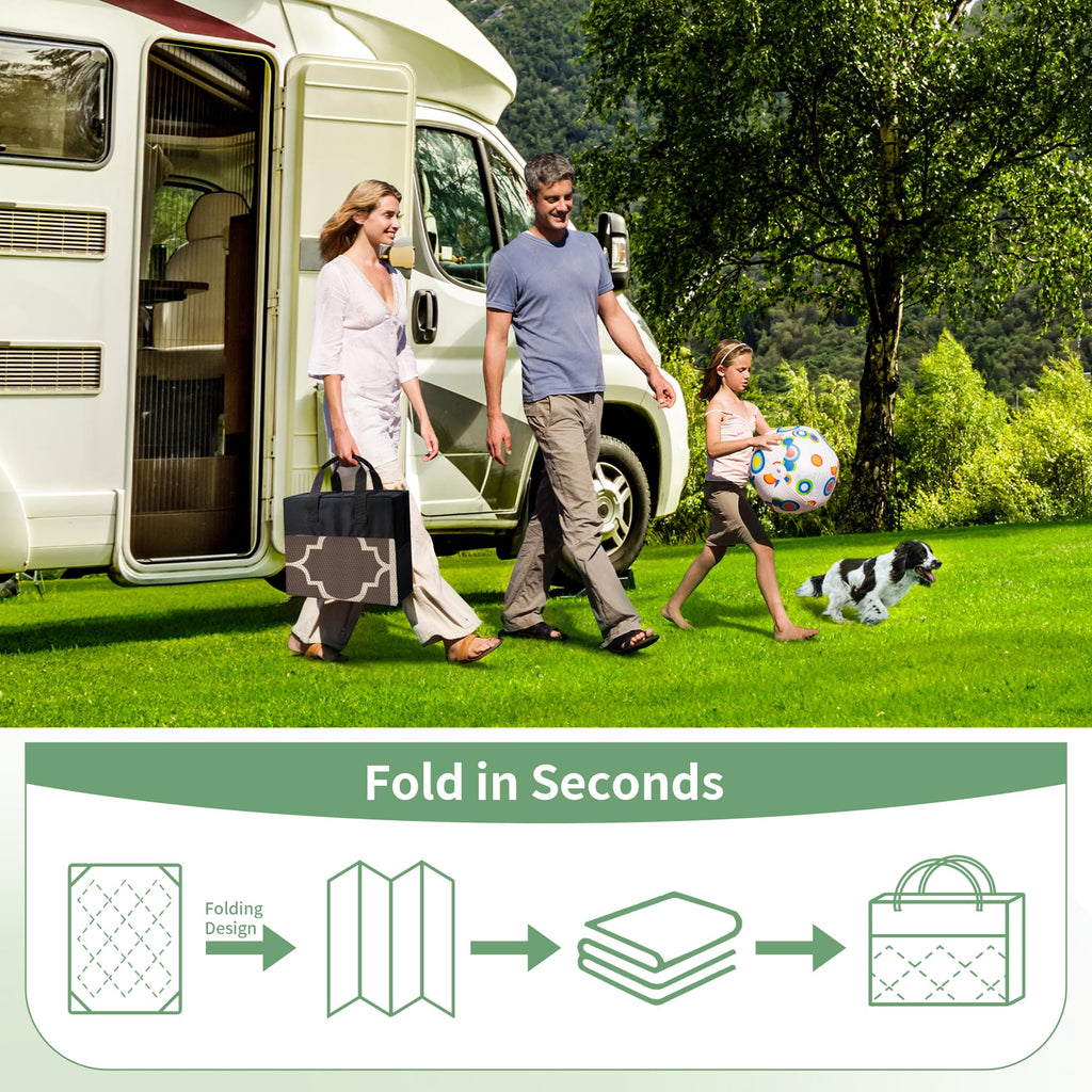 GENIMO 9' x 12' Outdoor Rug Waterproof for Patio Decor, Foldable Reversible Plastic Straw Area Rugs Mat for Camper, Outside Carpet for Rv, Deck, Porch, Picnic, Beach, Balcony, Coffee & Beige