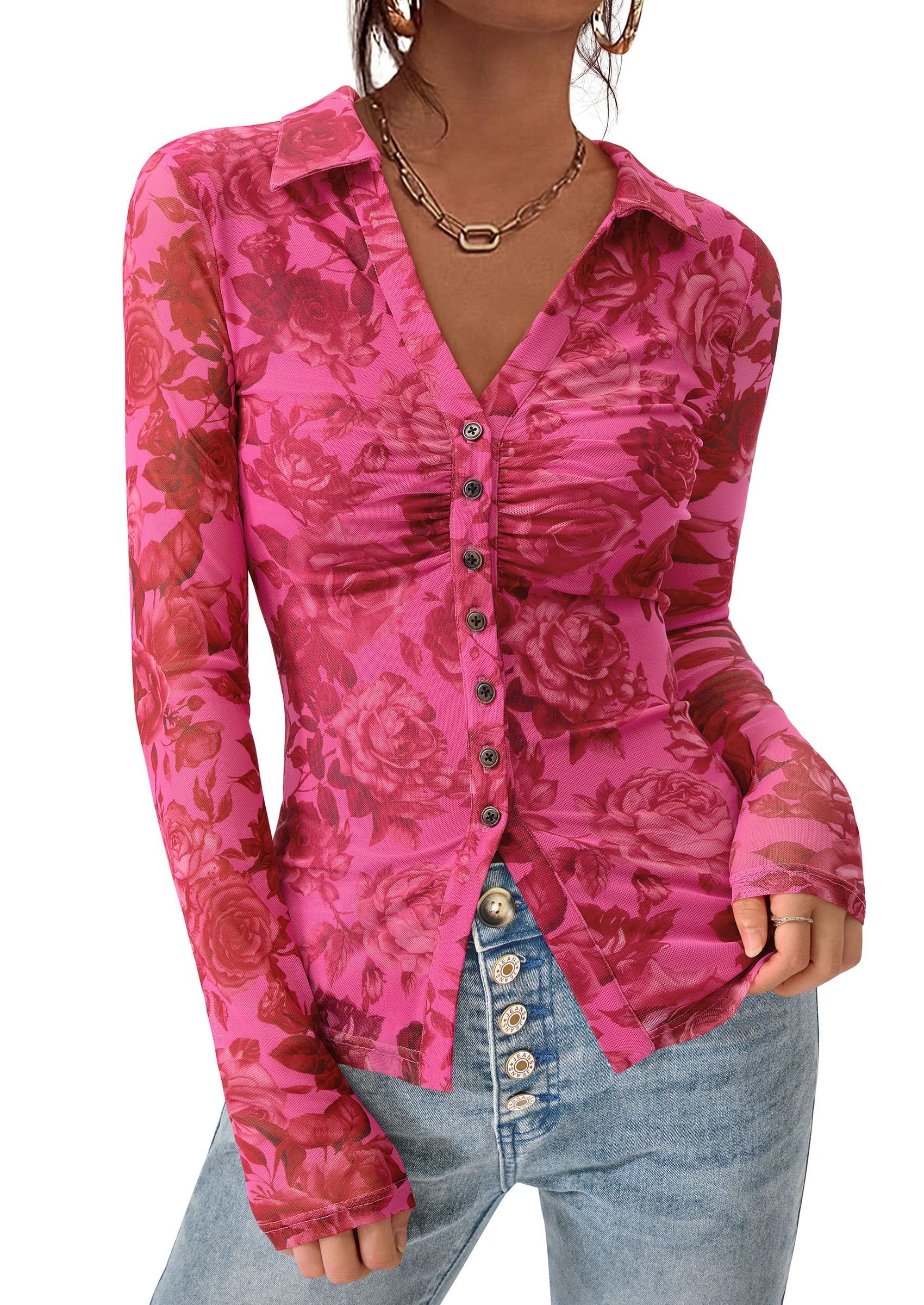 PRETTYGARDEN Women Button Down Floral Shirts 2026 Fall Trendy Long Sleeve V Neck Mesh Boho Blouse Spring Tops Date Outfits (Pink Red Floral,Large)