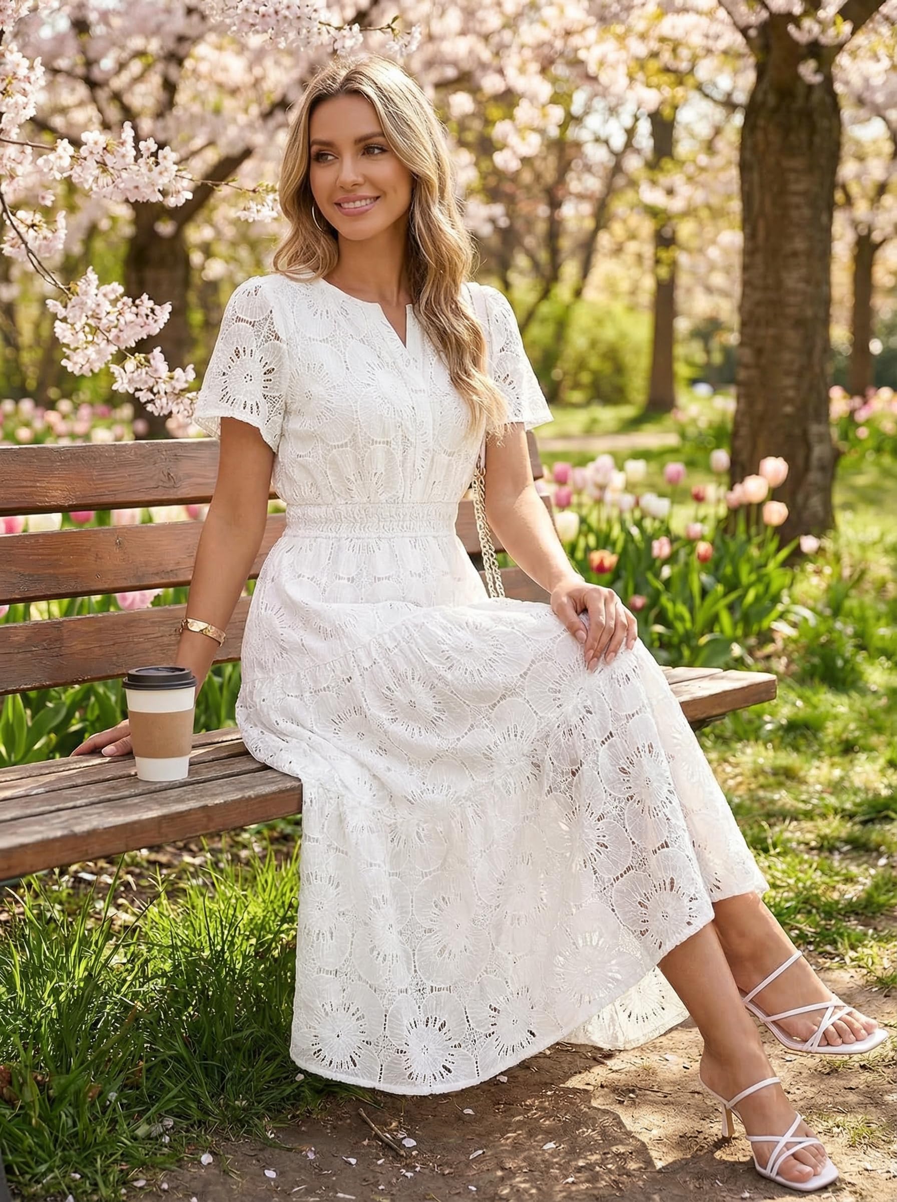 MEROKEETY Women's Summer Floral Maxi Dress 2026 Spring Boho Vacation Eyelet Lace Short Sleeve A Line Tiered Flowy Dresses, White, Medium