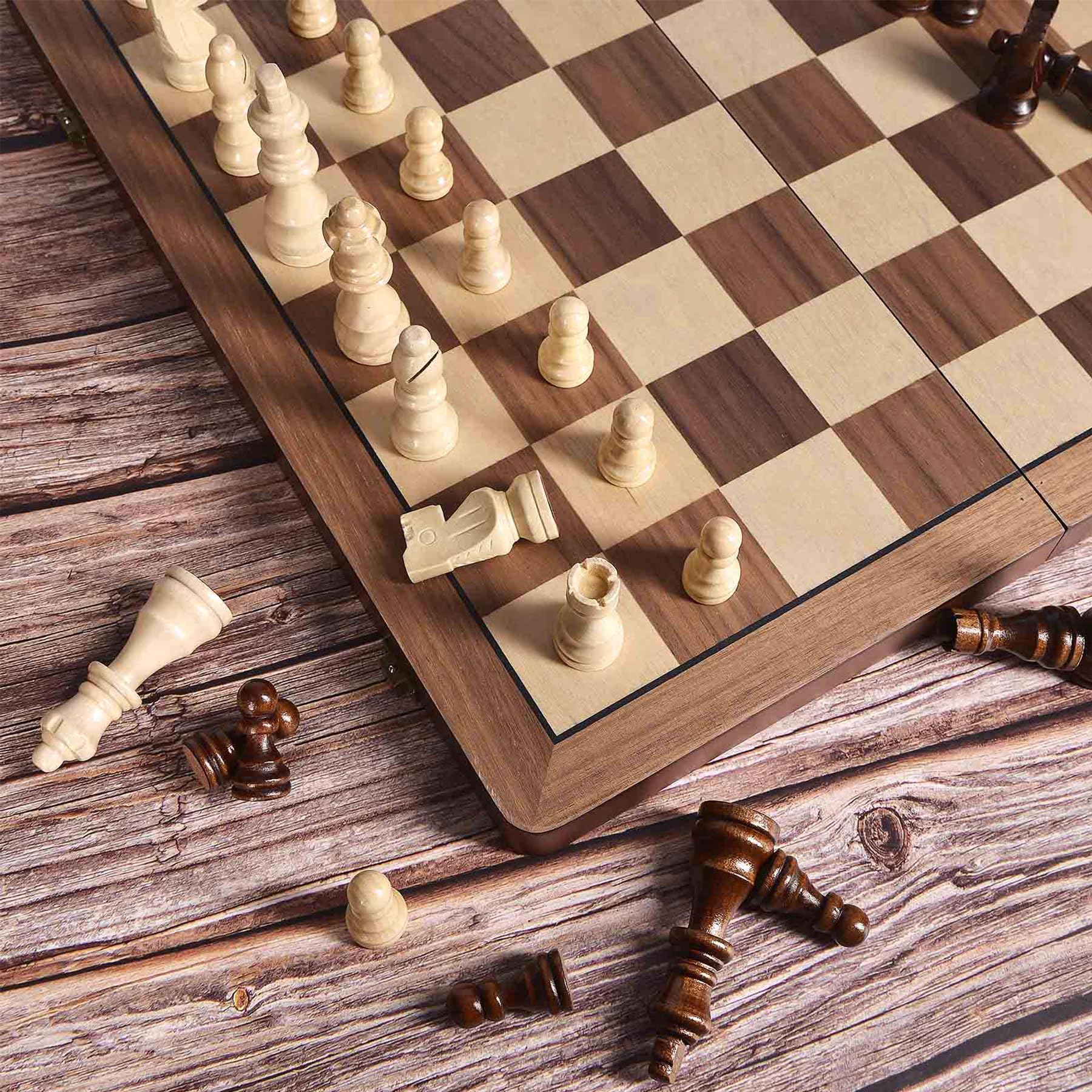 ELONGDI 15" Wooden Chess Set with Magnetic Pieces - Extra Queens - Folding Chessboard Portable Travel Tournament Chess Board Games for Adults Kids