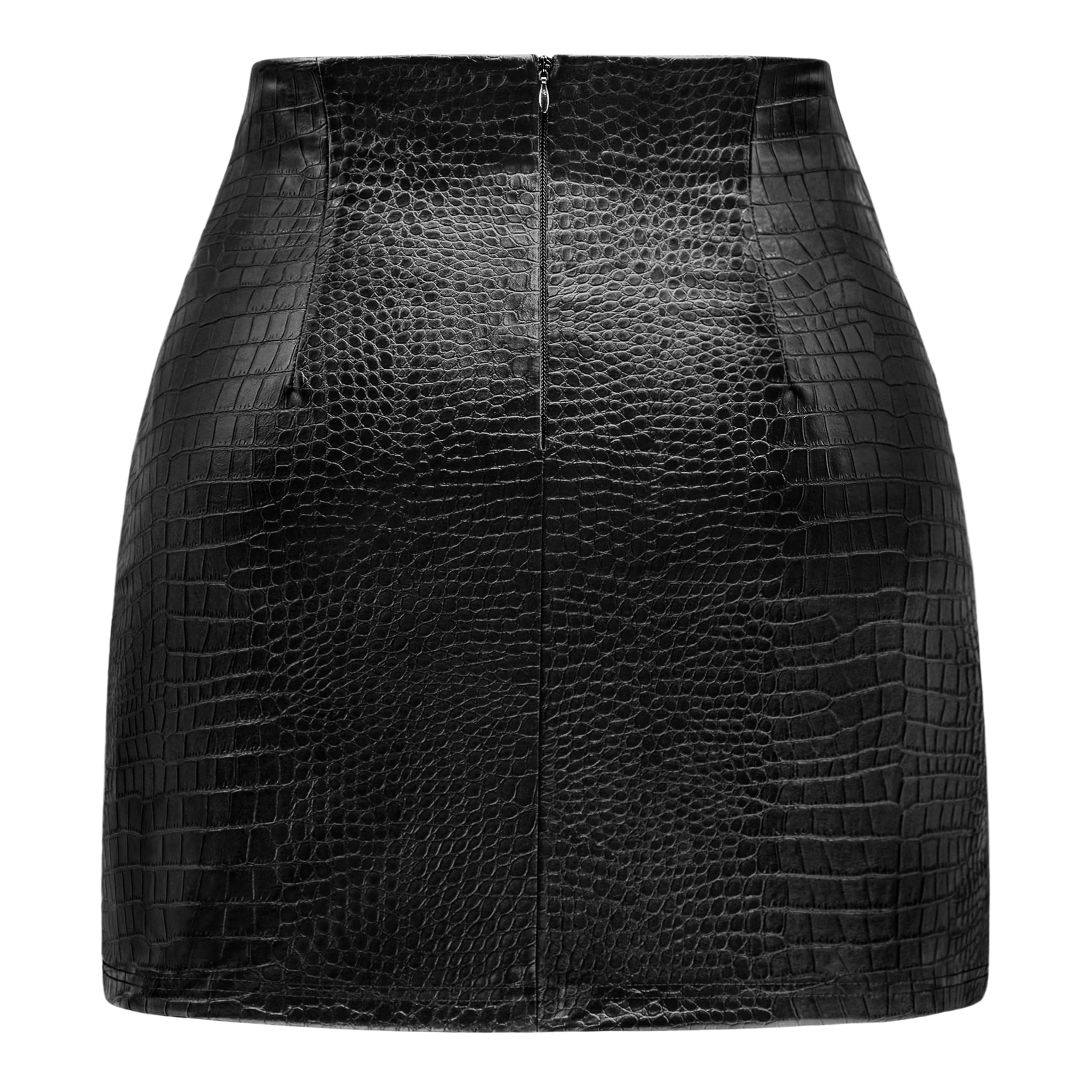 FLUFFY SENSE. Women's Leather Mini Skirt –Stretchy High Waisted Zipper Slit Faux Pleather Bodycon Short Pencil Skirt (US, Alpha, Large, Regular, Regular, Black Croc-Embossed)