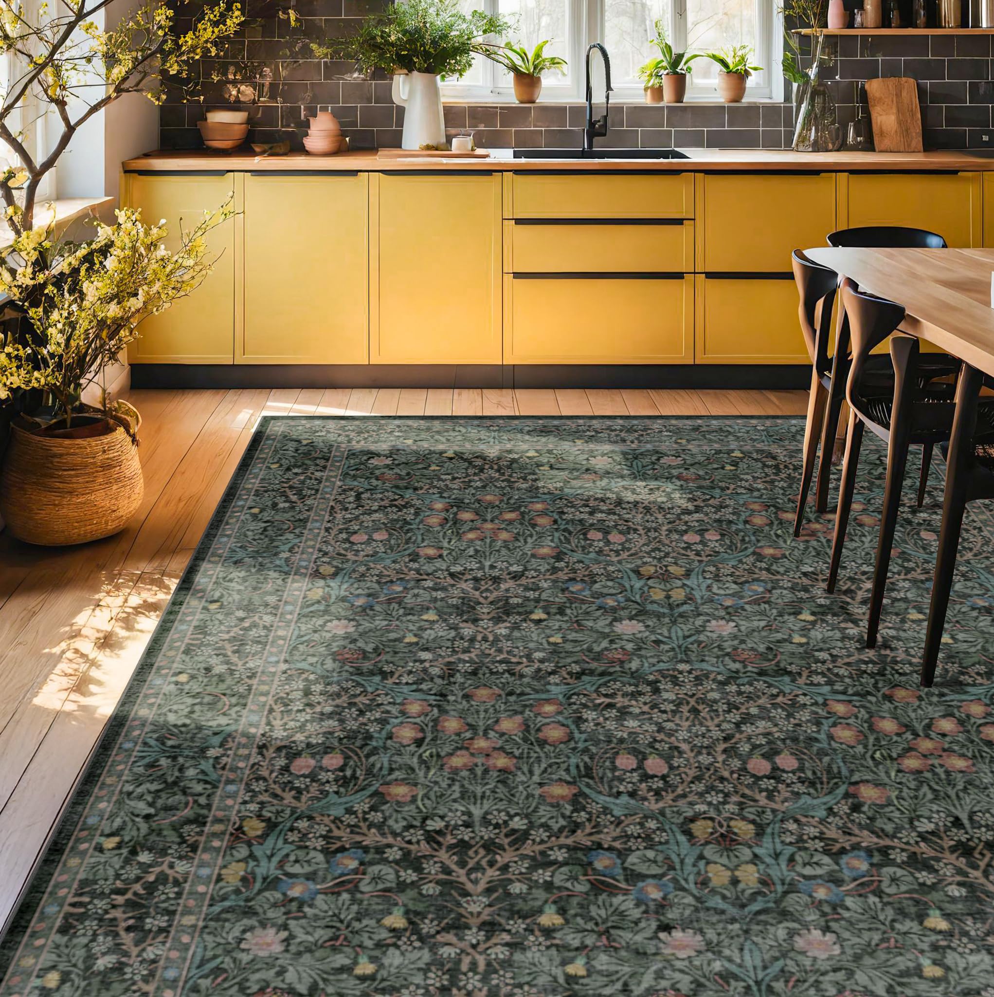 Vintage Dark Green Living Room Rug, 8x10 Washable Area Rugs for Dining Room Under Kitchen Table, Bedroom, Oriental Low Pile Stain Resistant Non-Slip Large Carpet (8x10 Dark Green)