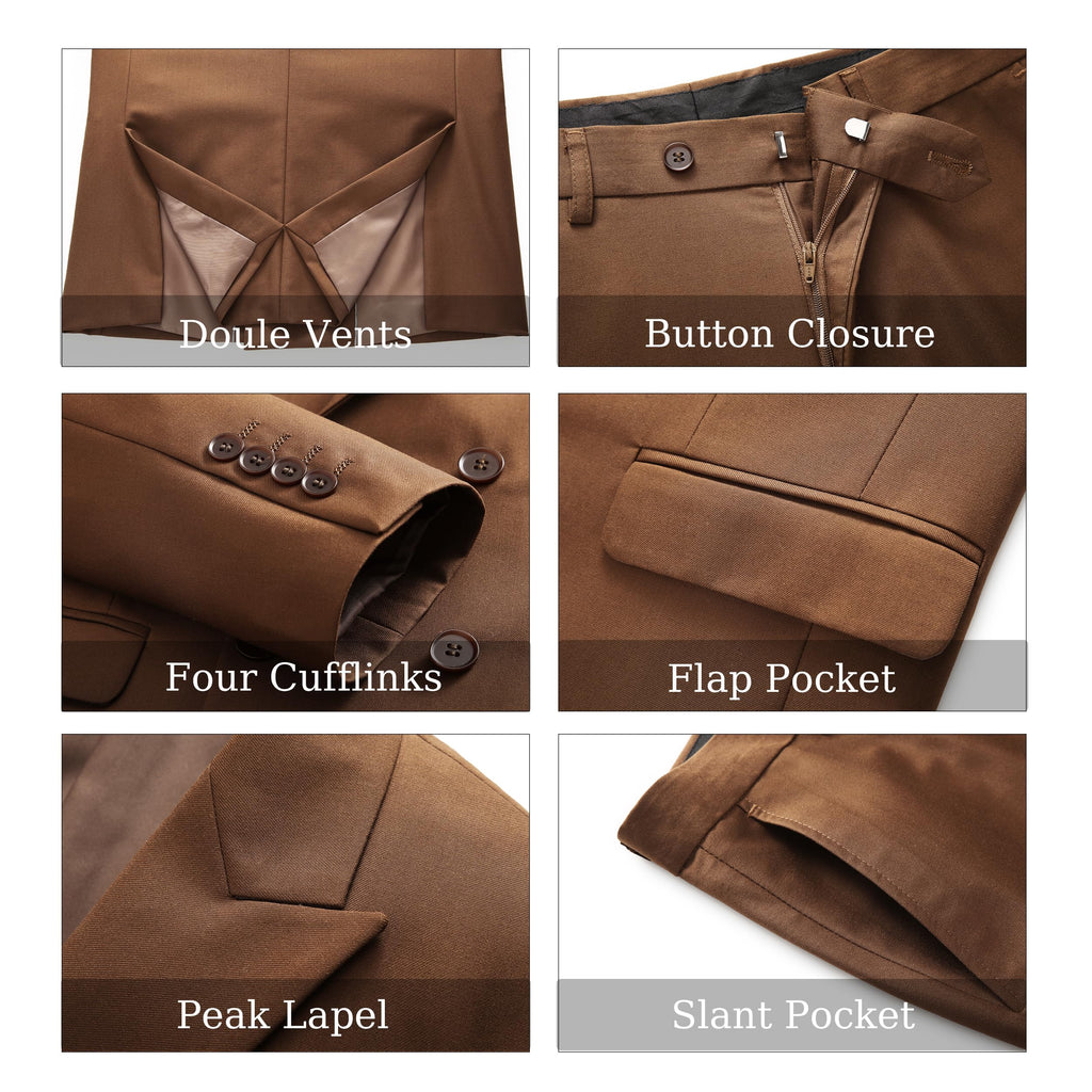 MOGU Suits for Men, 2 Piece Slim Fit Suit with Double Breasted Blazer and Tuxedo Pants, Jacket 38 & Pants 34 (38, Coffee)