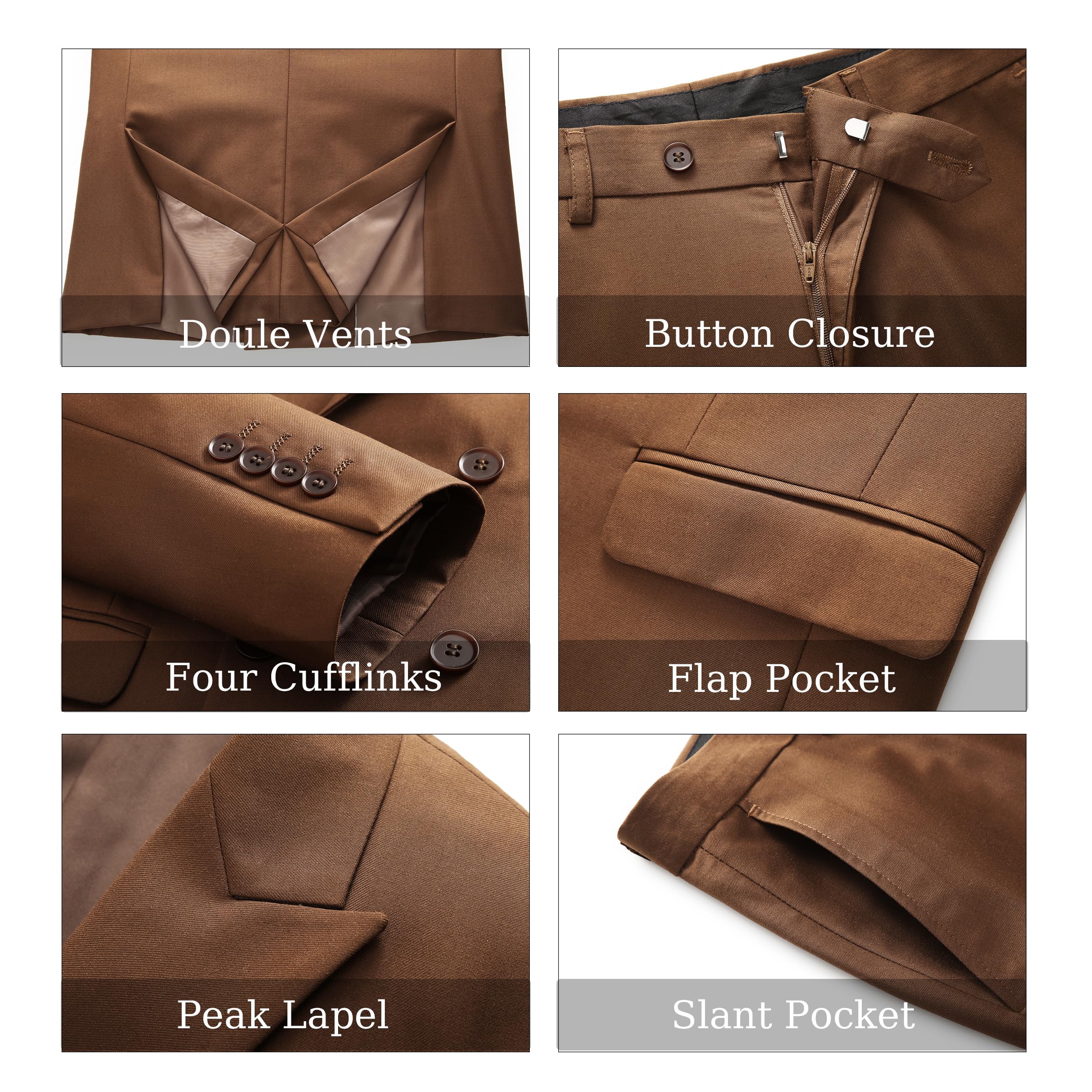 MOGU Suits for Men, 2 Piece Slim Fit Suit with Double Breasted Blazer and Tuxedo Pants, Jacket 38 & Pants 34 (38, Coffee)