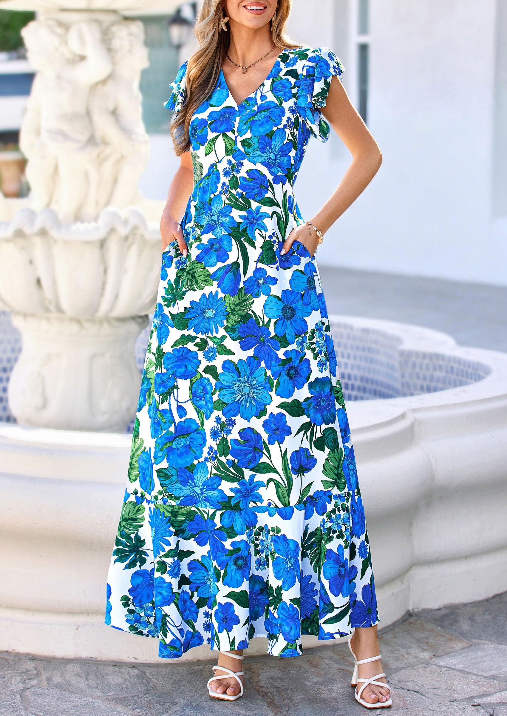 PRETTYGARDEN Spring Dresses for Women 2026 Summer Boho Floral Ruffle Short Sleeve Flowy Beach Wedding Guest Maxi Long Dress(Floral Blue,Large)