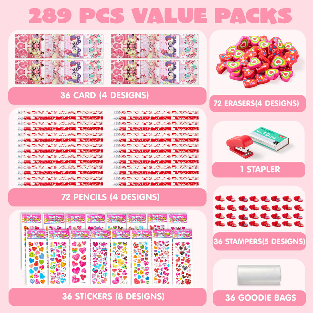 JOYIN 36 Packs Valentine Stationery Kids Gift Set, Classroom Exchange Party Favor for Holiday Reward Prizes - Includes Pencils, Erasers, Stamper, Stickers