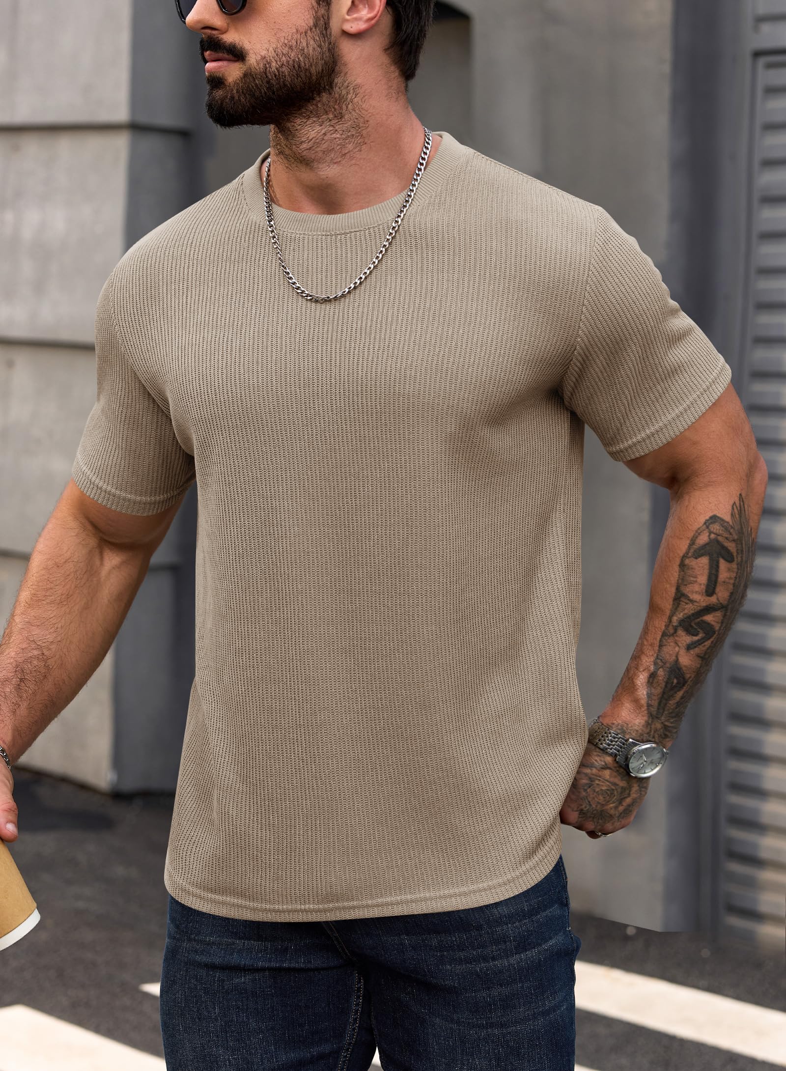 Herberton Men's New Casual Tee Urban Comfort Tshirts Short Sleeve Solid Classic Fresh Knit Summer Crew Neck Collarless Basic Resort Gentle Modern Tee-Shirts Khaki L