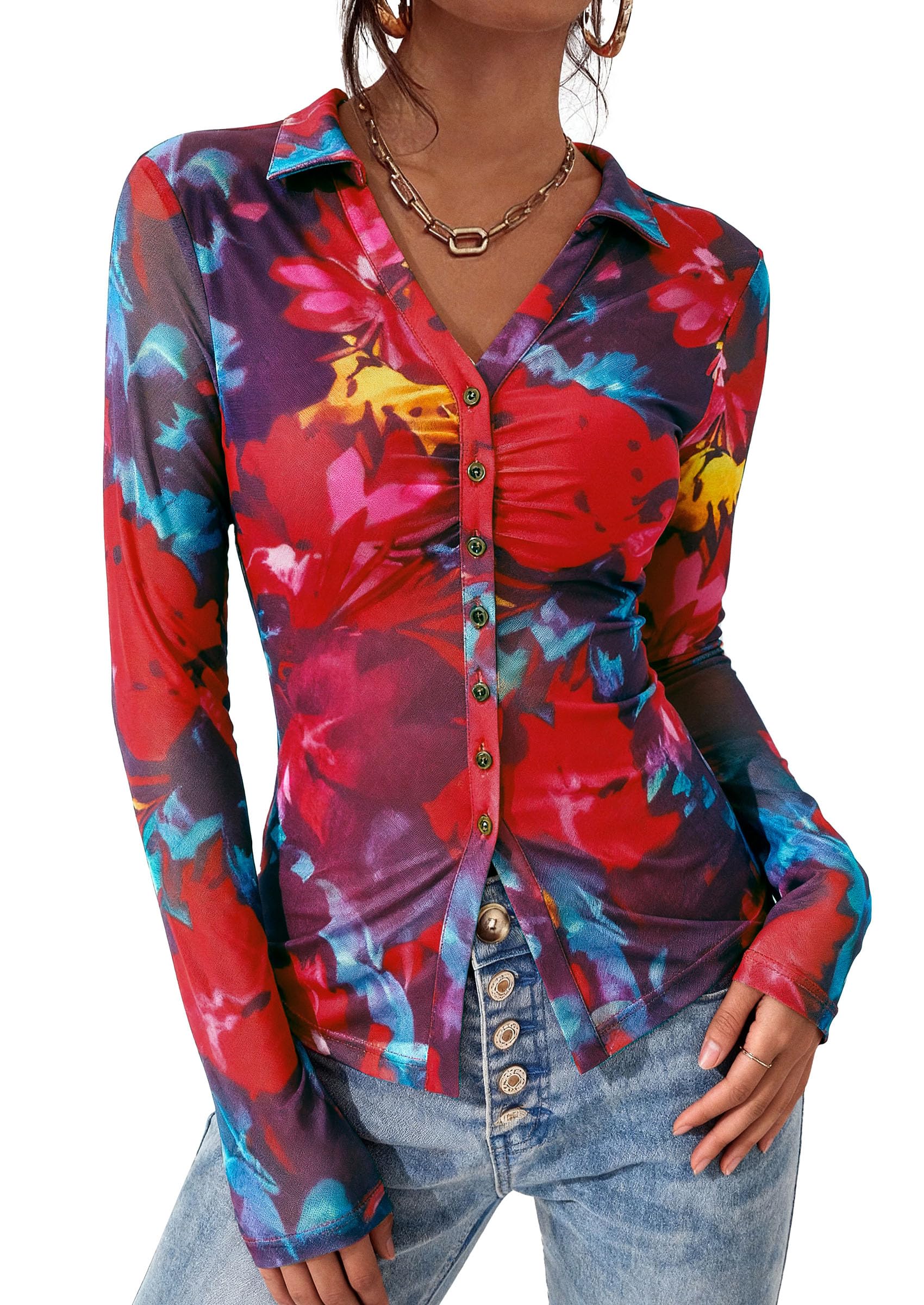PRETTYGARDEN Women Button Down Floral Shirts 2026 Fall Trendy Long Sleeve V Neck Mesh Boho Blouse Spring Tops Date Outfits (Floral Navy Red,Large)