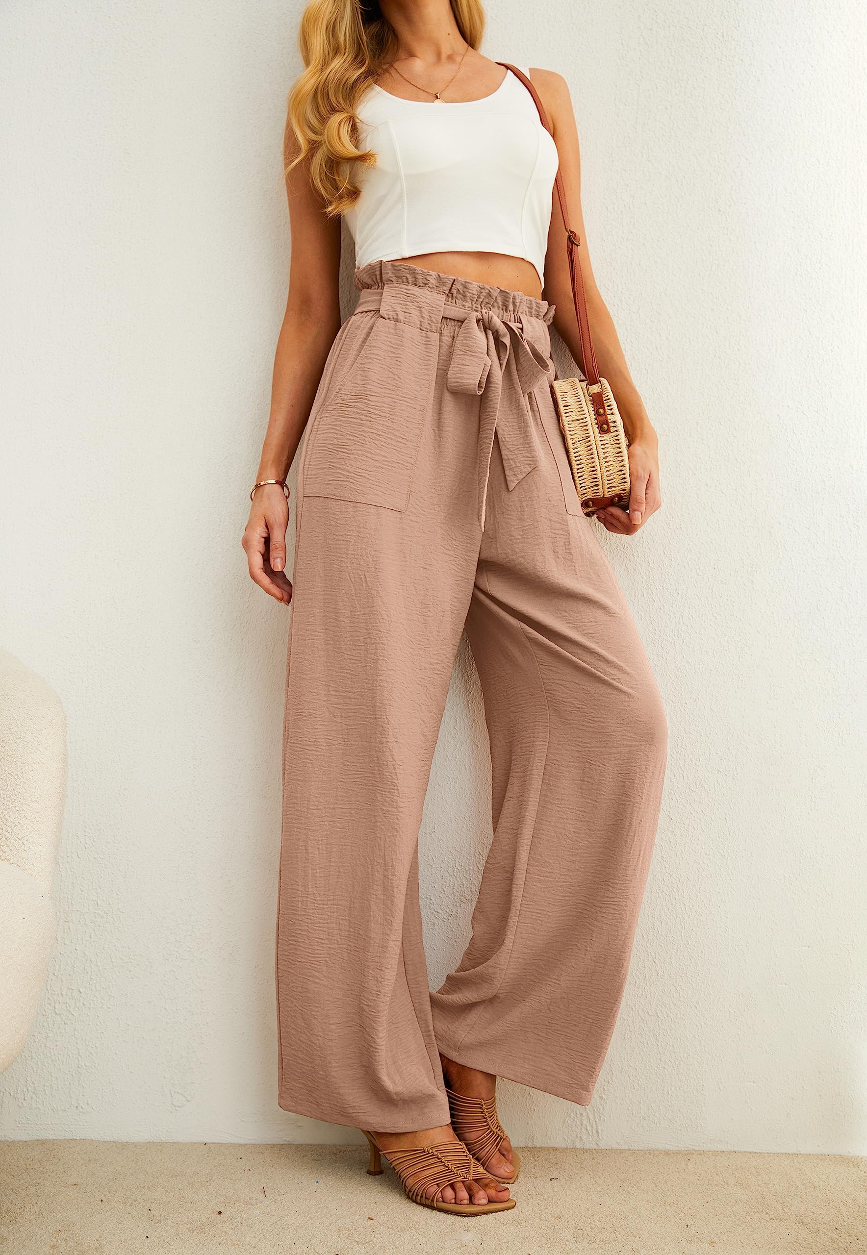 IWOLLENCE Women's Wide Leg Pants with Pockets High Waist Adjustable Knot Loose Casual Trousers Business Work Casual Pants Khaki Large