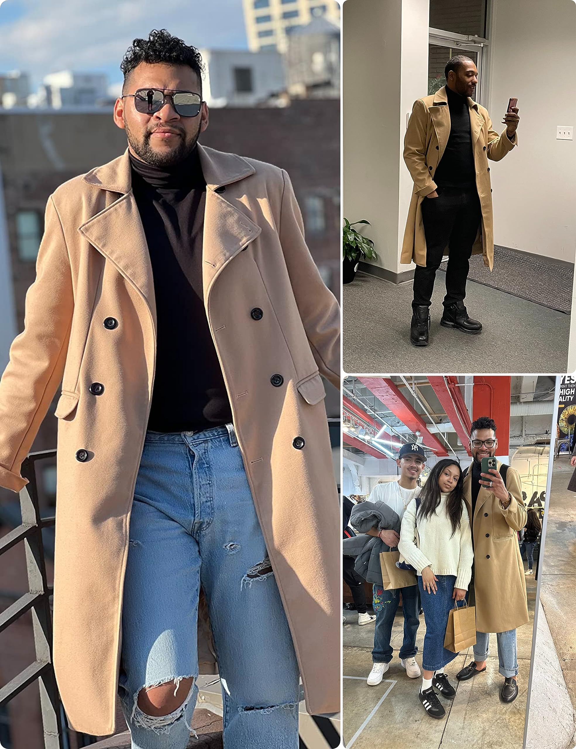 Springrain Men's Pea Coat Double Breasted Overcoat Lapel Coat Classic Long Trench Coat(Camel-S)