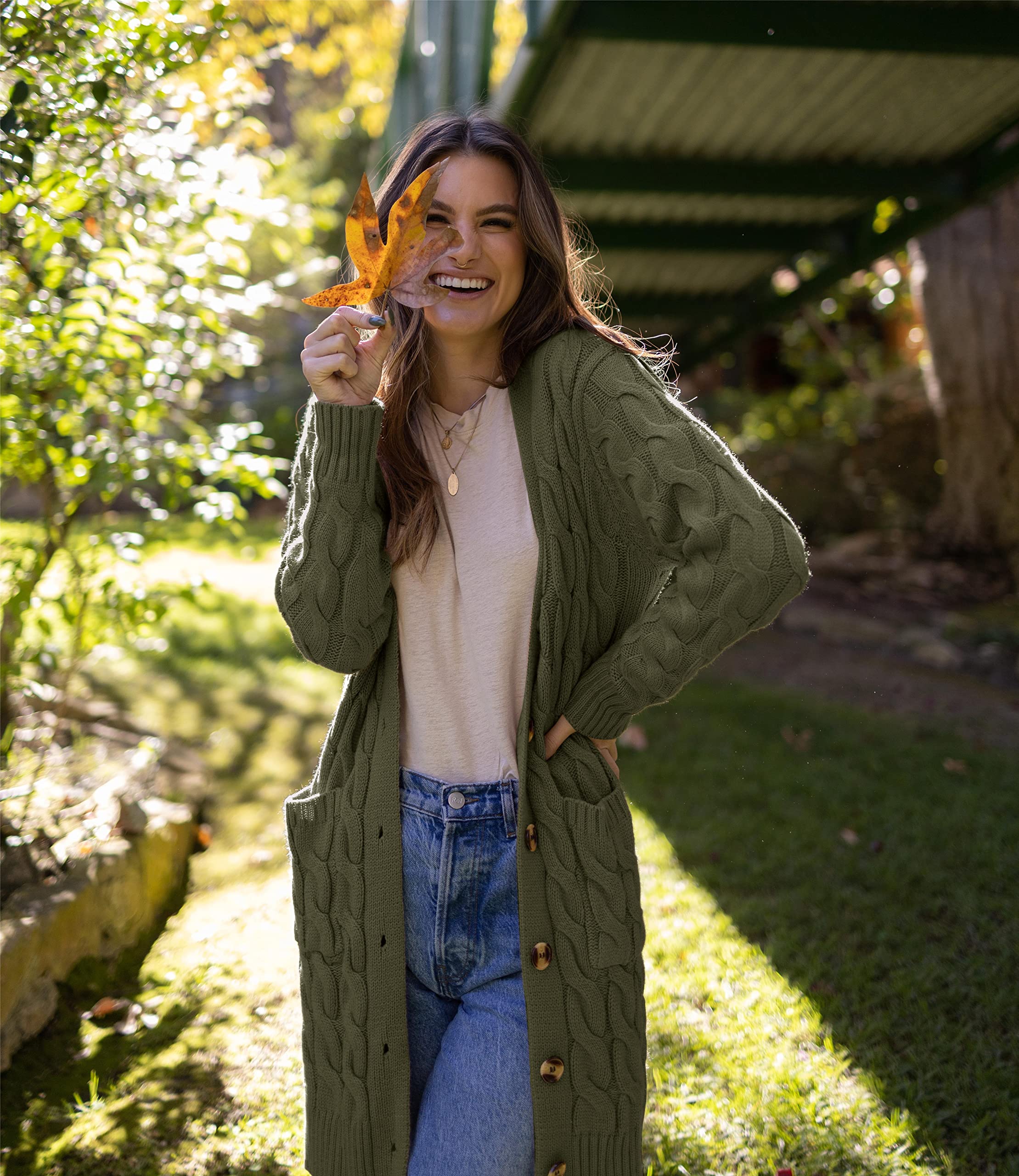 PRETTYGARDEN Long Sleeve Cable Knit Long Cardigan for Women 2026 Spring Winter Chunky Open Front Button Sweaters with Pockets (Army Green, Small)