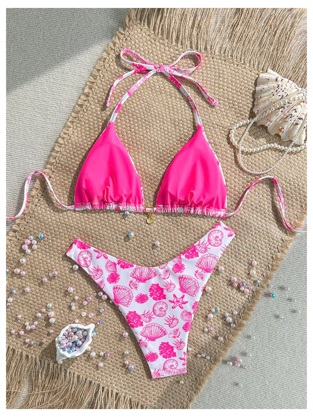 WDIRARA Women's 2 Piece Bikini Set Seashell Halter Triangle String Swimsuit High Cut Bathing Suit Pink X-Small