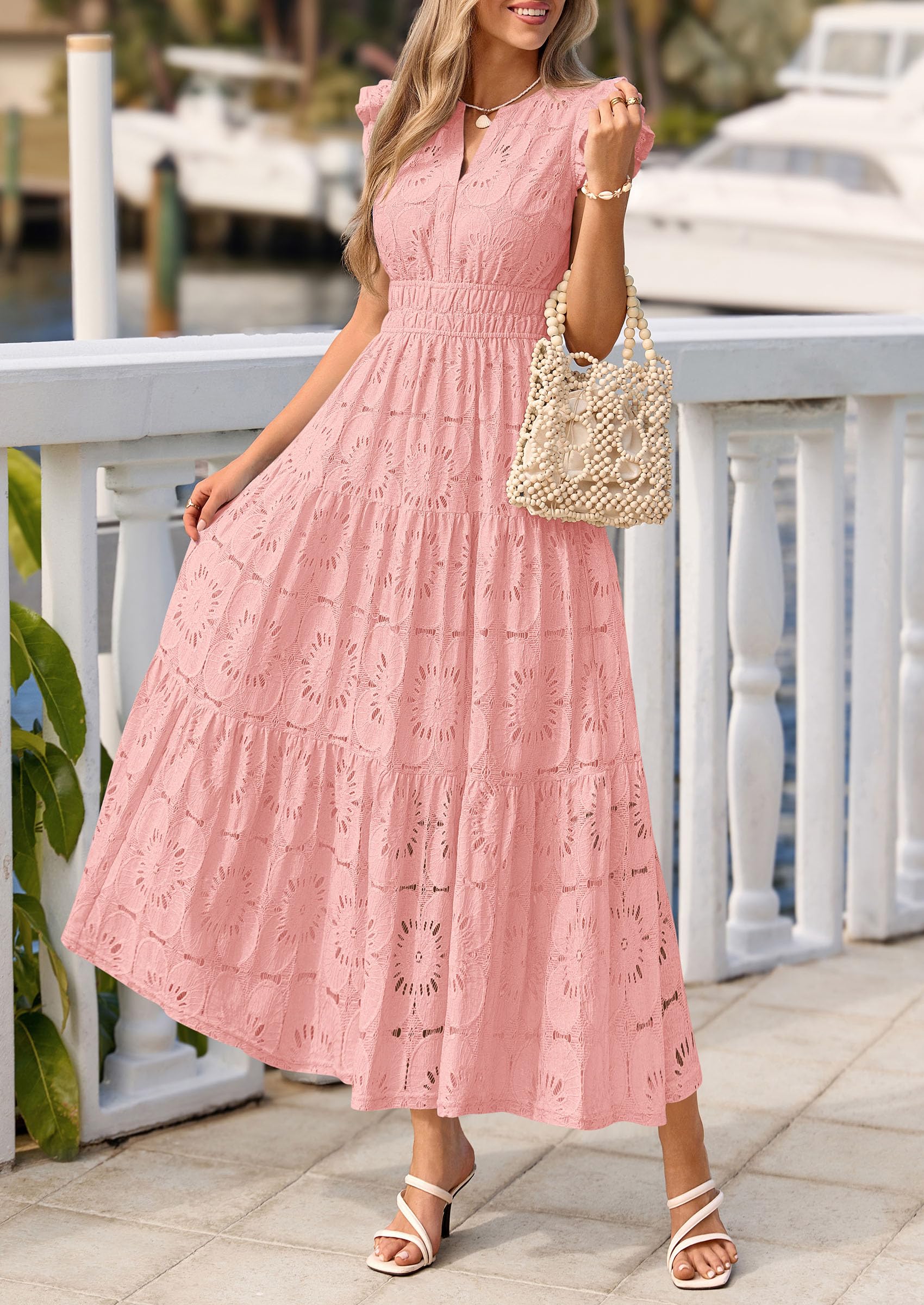 PRETTYGARDEN Womens Boho Maxi Dresses 2026 Summer Floral Lace Eyelet V Neck Spring Wedding Guest Dress Beach Vacation Clothes (Pink,Small)