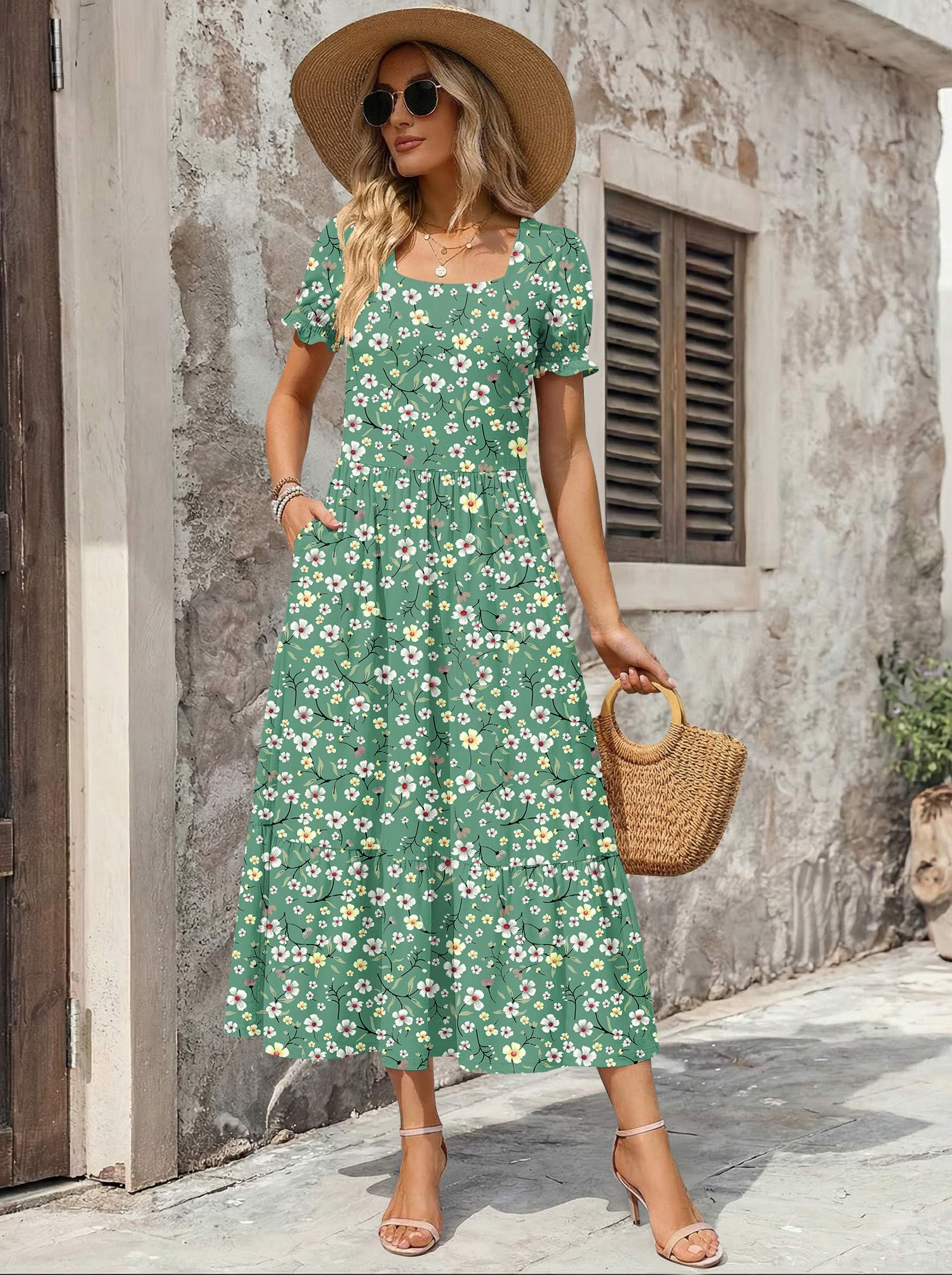 Zeagoo Womens Dresses Summer Casual Midi Dress Floral Sundresses with Pockets Womens Beach Vacation Dress Square Neck A Line Dresses L