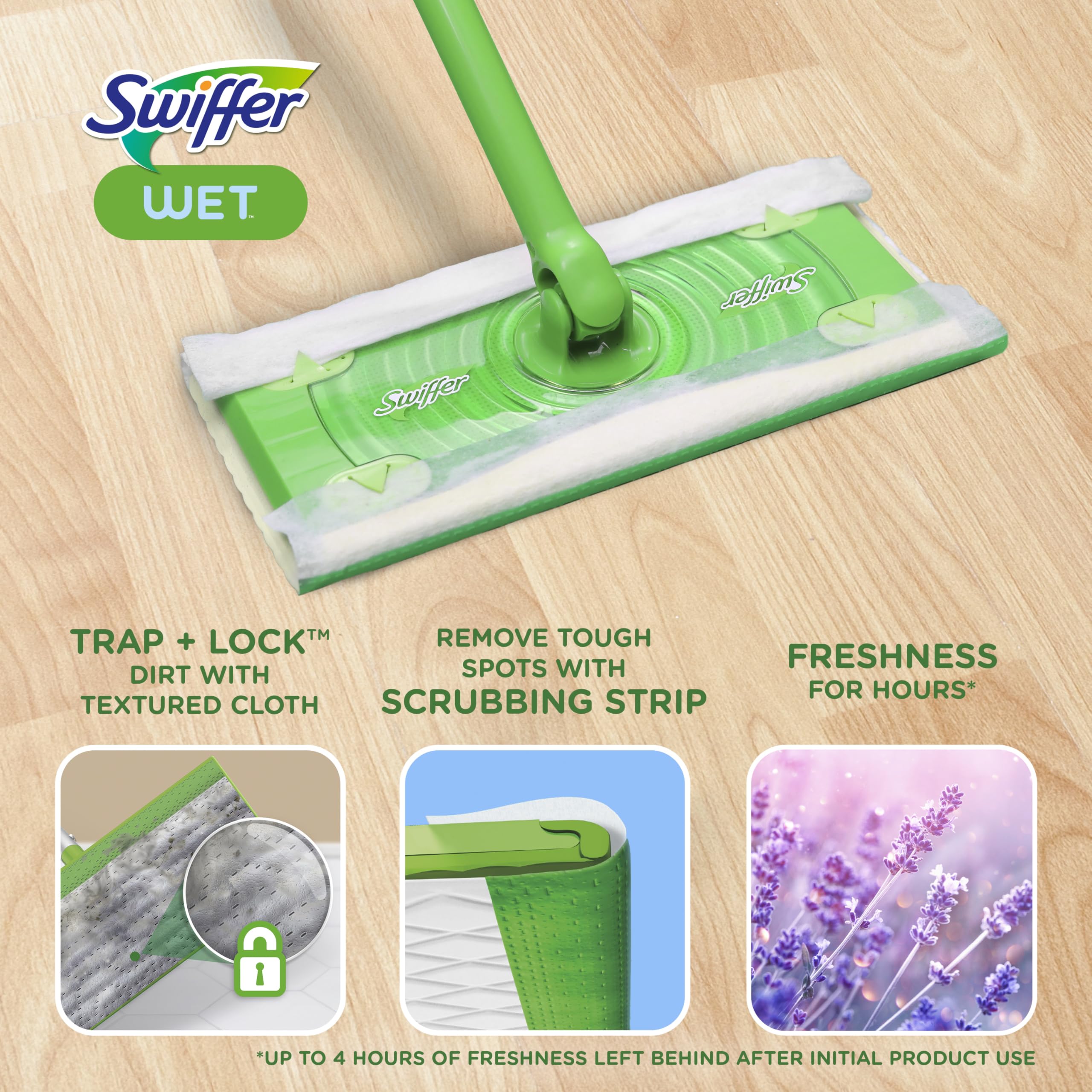 Swiffer Sweep + Mop, Wet Pads Refill, Floor Cleaner for Dirt, Dust, Hair, Cleaning Cloths for Mopping Home, Bathroom, Kitchen, All Purpose Multi-Surface Floor Wipes, Lavender, 12ct
