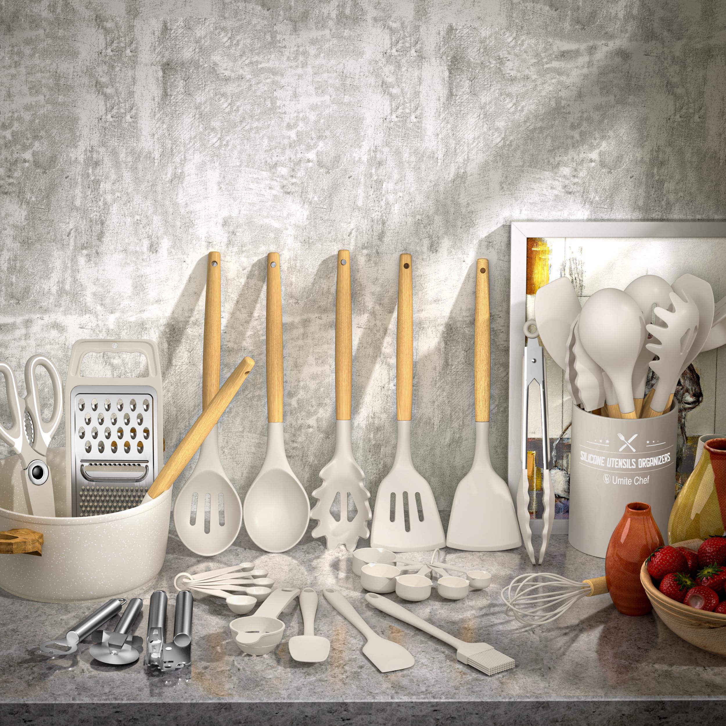 Cooking Utensils Set- Umite Chef Khaki Silicone Kitchen Utensils Set, 34PCS Heat Resistant Kitchen Gadgets Tools Set with Grater, Wooden Handle Kitchen Spatula Set for Nonstick Cookware