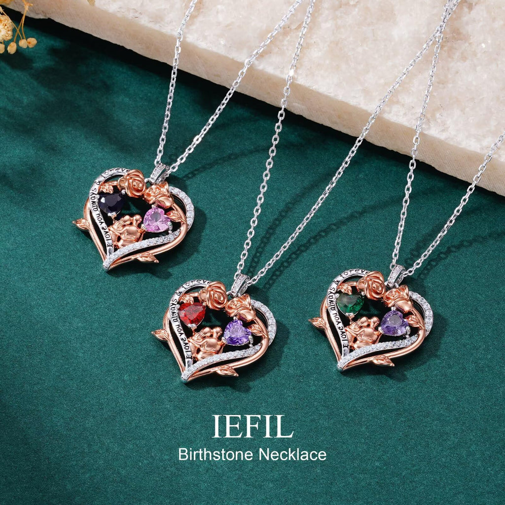 Iefil Jewelry for Women - Rose Heart Birthstone Necklace, April May Birthstone Necklace, Emerald Green Jewelry, Heart Necklaces for Women