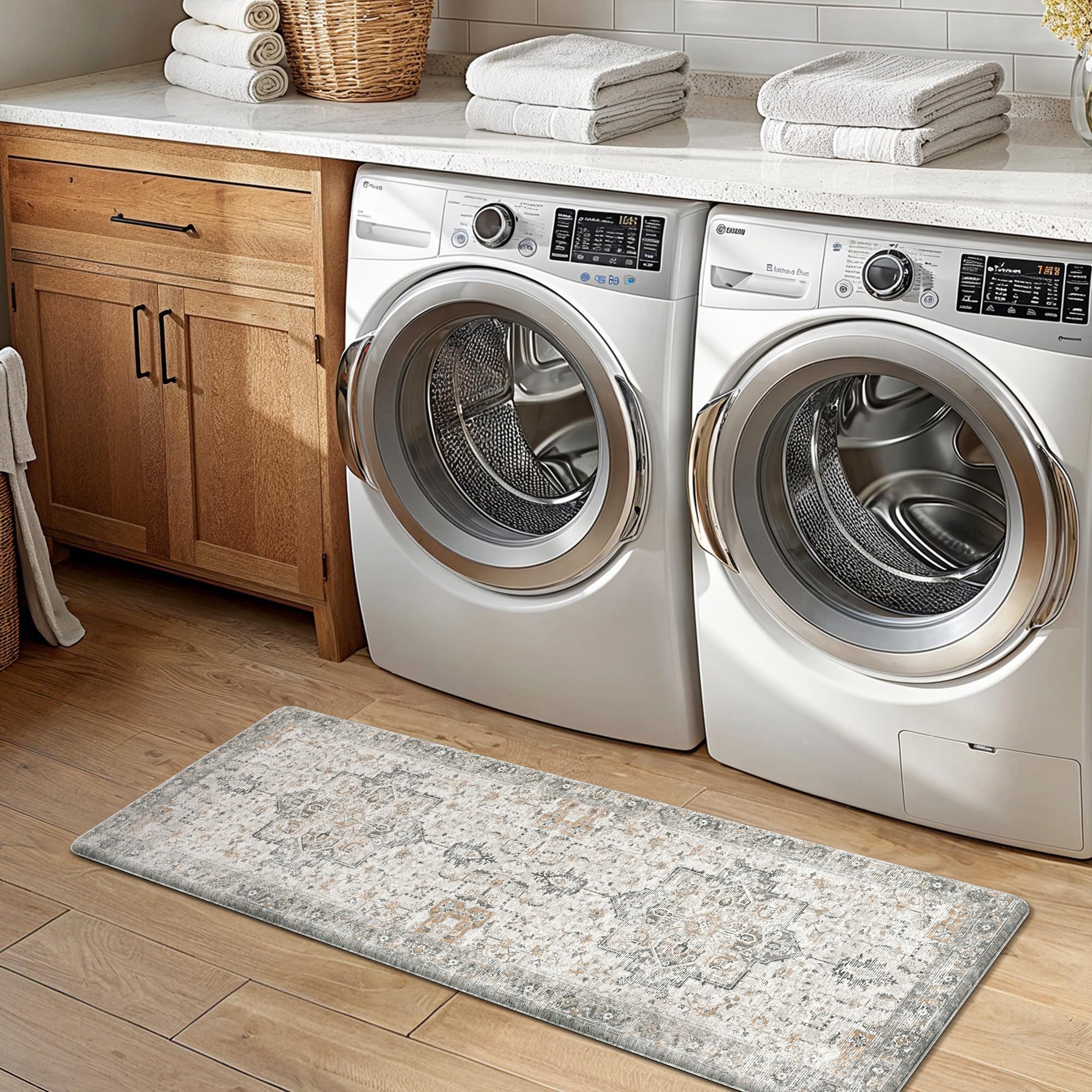 GENIMO Kitchen Mats for Floor 2PCs, Washable Anti Fatigue Mat for Cushioned, 17.3"x47"+17.3"x30", Waterproof Kitchen Rugs, Non Slip Comfort Standing Mat Rug for Home, Sink, Laundry, LightTaupeBrown