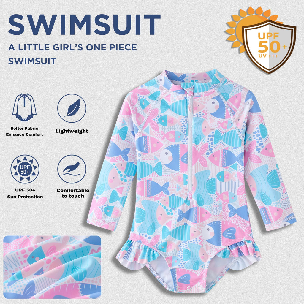 UMELOK Toddler Girls One Piece Swimsuit Long Sleeve Bathing Suit UPF 50+ Sun Protection Rash Guard Swimwear with Zipper Cute Fish,4T