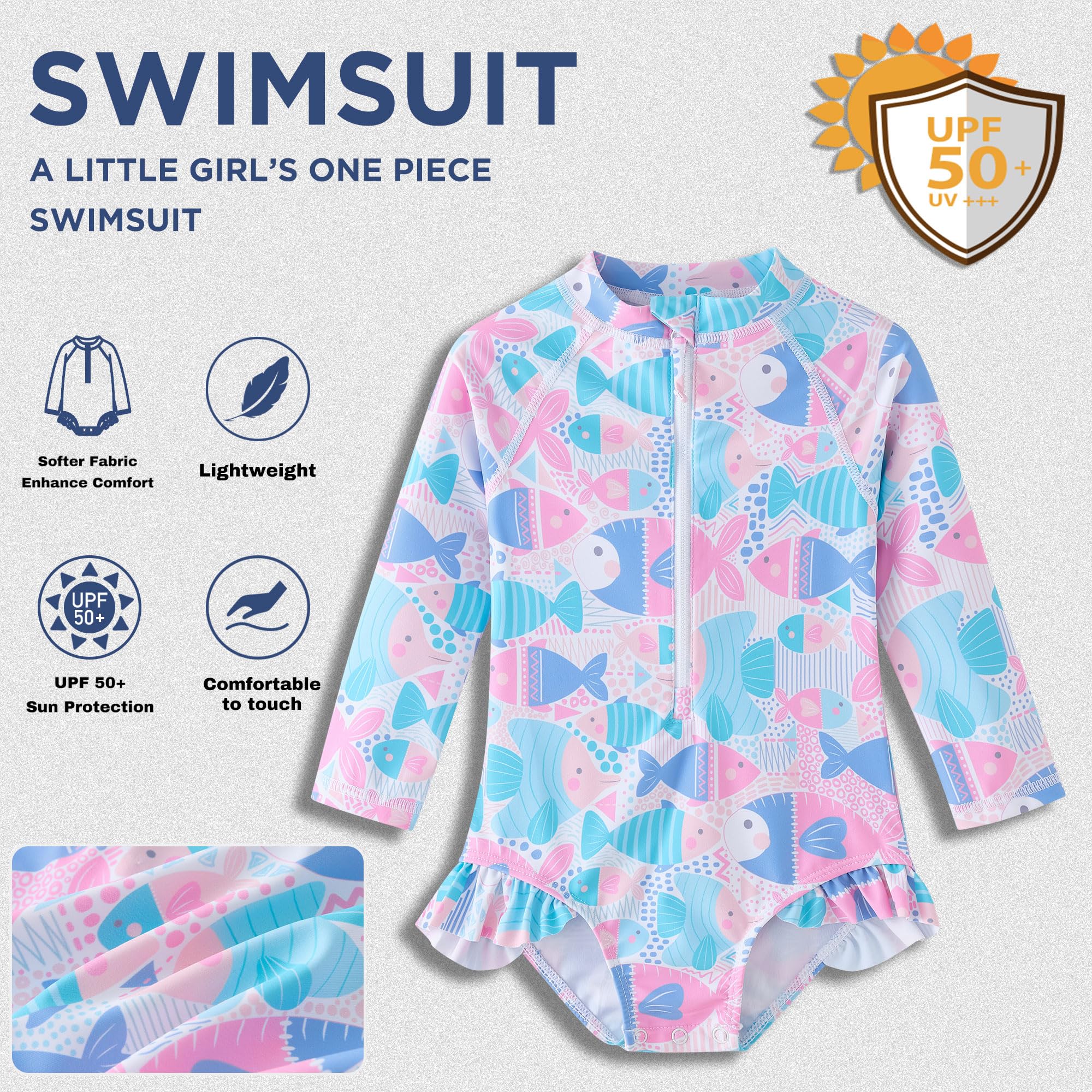 UMELOK Toddler Girls One Piece Swimsuit Long Sleeve Bathing Suit UPF 50+ Sun Protection Rash Guard Swimwear with Zipper Cute Fish,4T