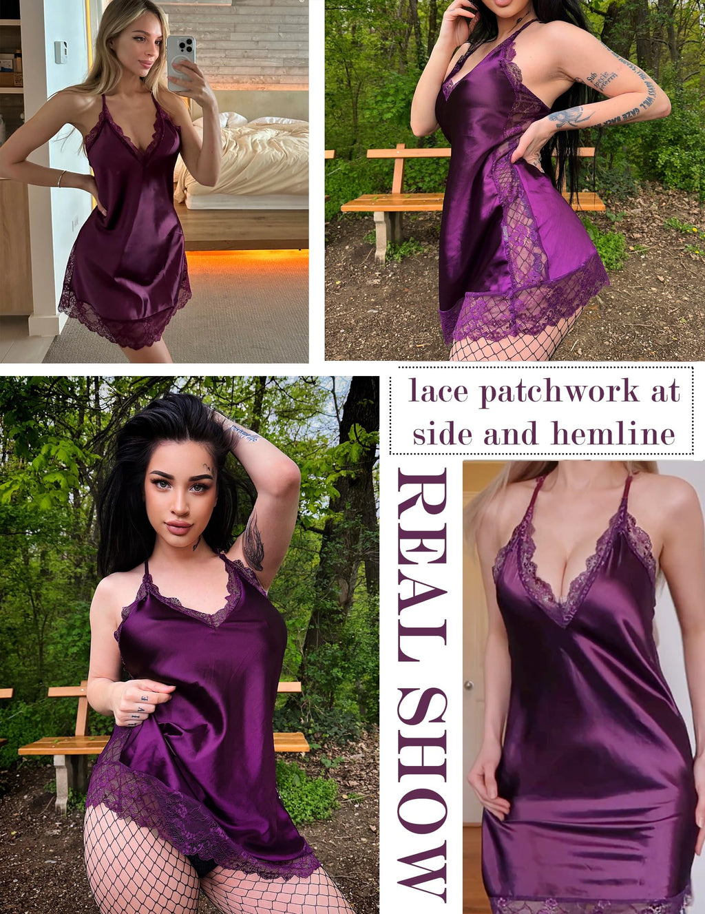 Avidlove Women Lingerie Satin Lace Chemise Nightgown Sexy Full Slips Sleepwear (Large, Dark Purple)
