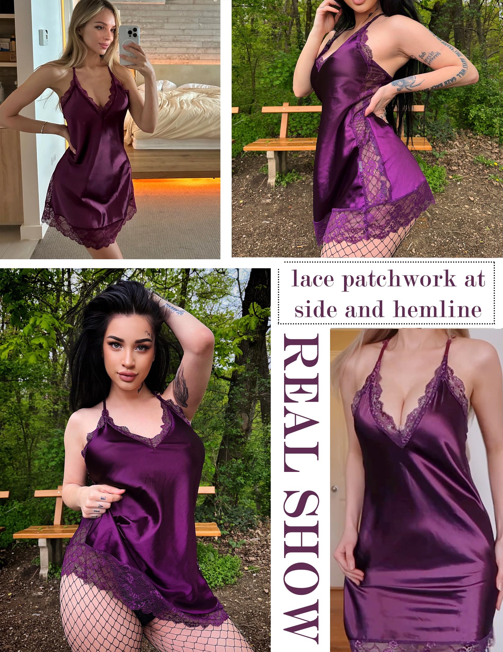 Avidlove Women Lingerie Satin Lace Chemise Nightgown Sexy Full Slips Sleepwear (Large, Dark Purple)