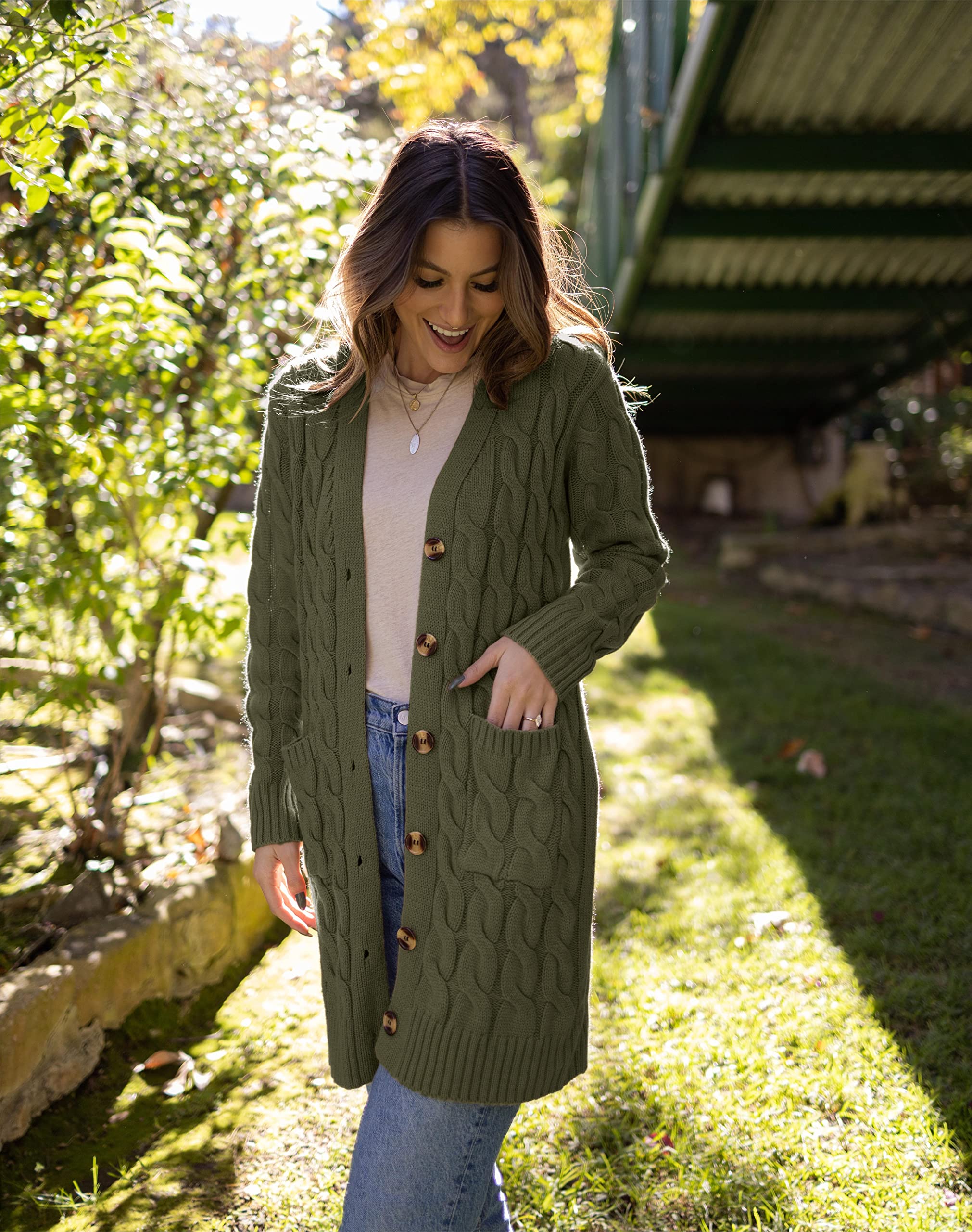 PRETTYGARDEN Long Sleeve Cable Knit Long Cardigan for Women 2026 Spring Winter Chunky Open Front Button Sweaters with Pockets (Army Green, Small)