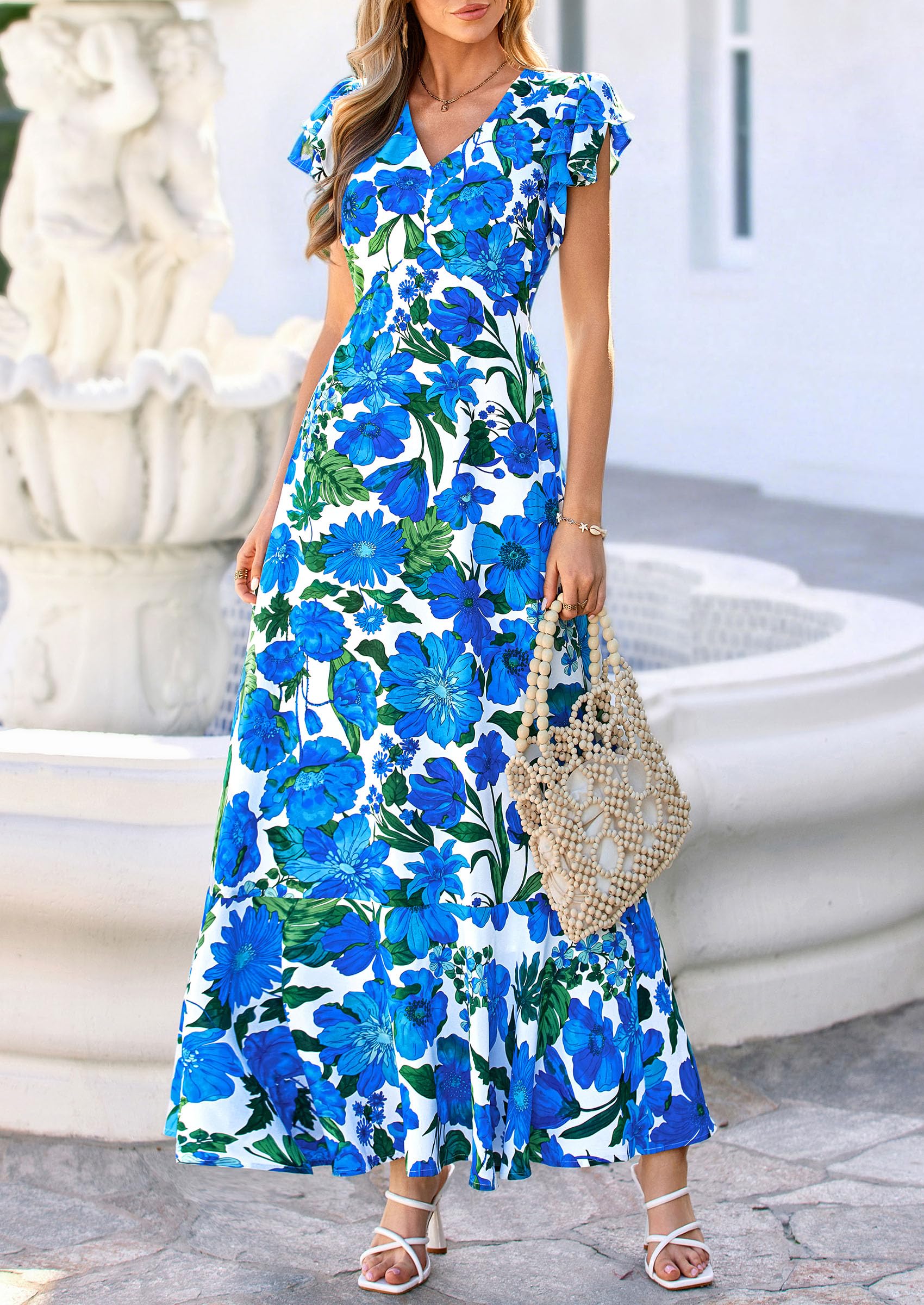 PRETTYGARDEN Spring Dresses for Women 2026 Summer Boho Floral Ruffle Short Sleeve Flowy Beach Wedding Guest Maxi Long Dress(Floral Blue,Large)