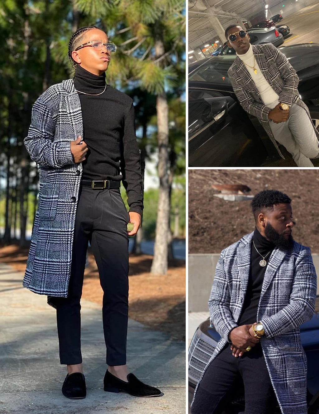 Springrain Men's Wool Blend Pea Coat Notched Collar Single Breasted Overcoat Warm Winter Trench Coat(BlackandWhite-S)