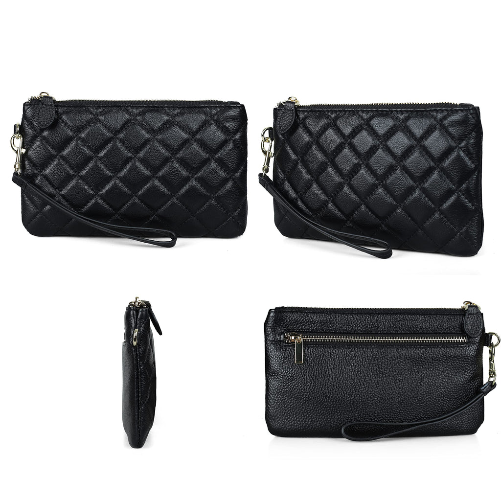 befen Genuine Leather Wristlet Clutch RFID Blocking Bag Cell Phone Wallet Purse Smartphone Wristlet Wallet Purses and Handbags for Women, Diamond Quilted Black