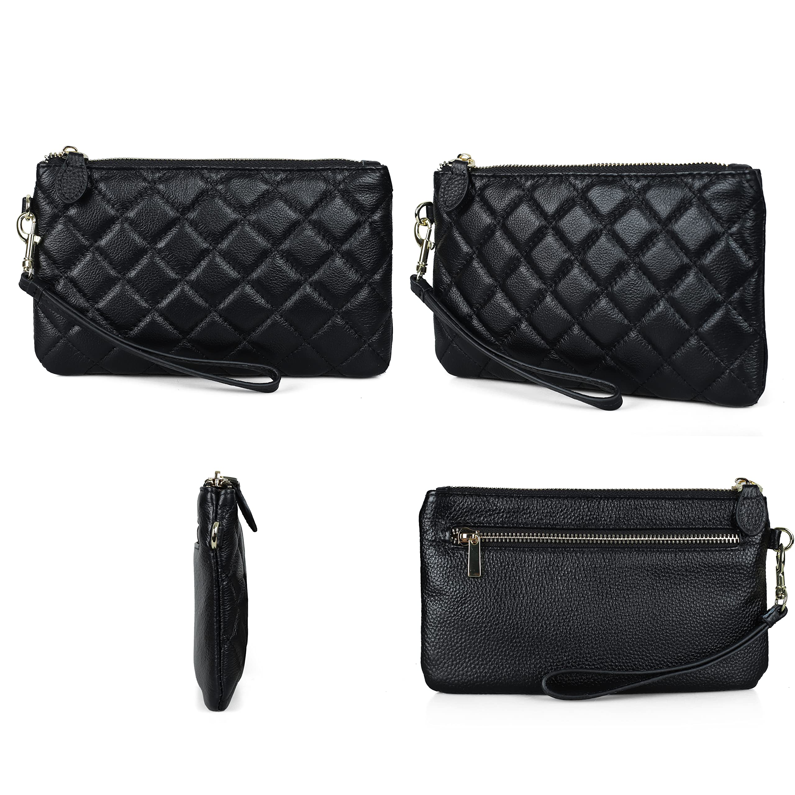 befen Genuine Leather Wristlet Clutch RFID Blocking Bag Cell Phone Wallet Purse Smartphone Wristlet Wallet Purses and Handbags for Women, Diamond Quilted Black