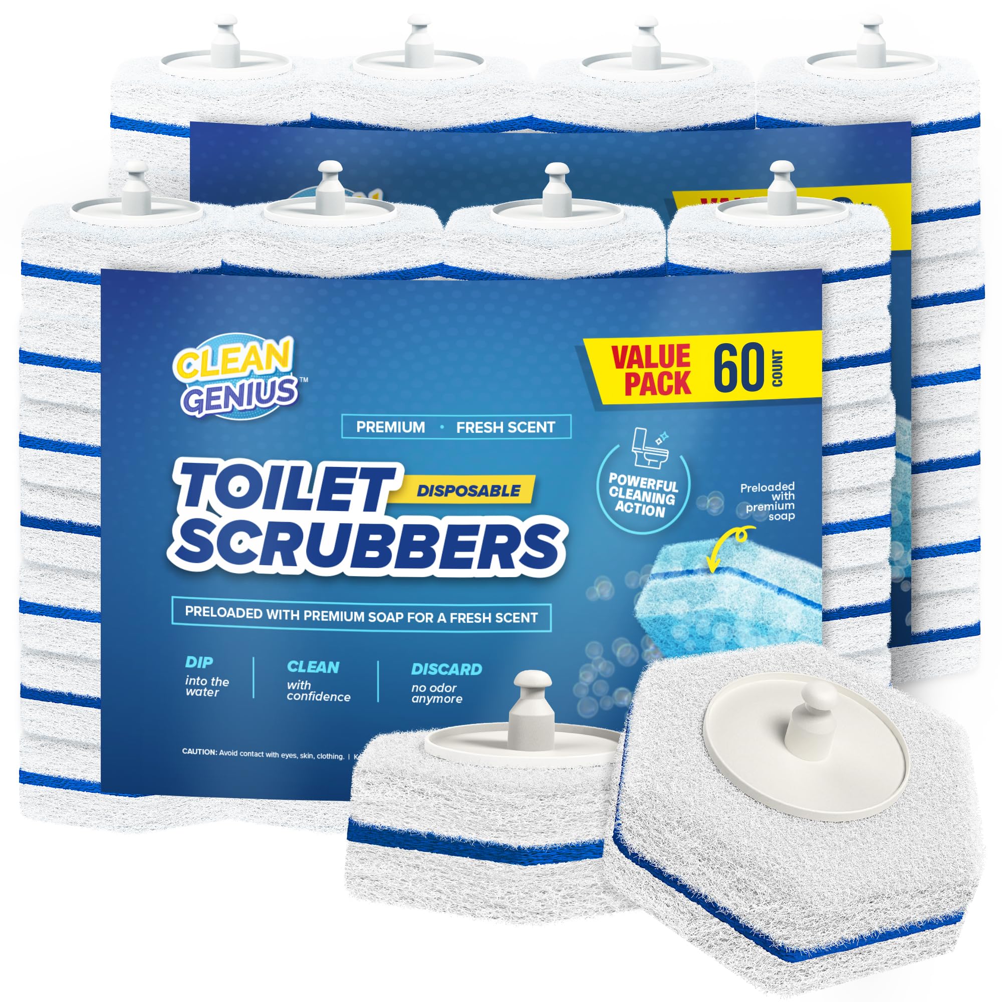 CleanGenius Disposable Prefilled Toilet Cleaning Scrubbers, 60 Count