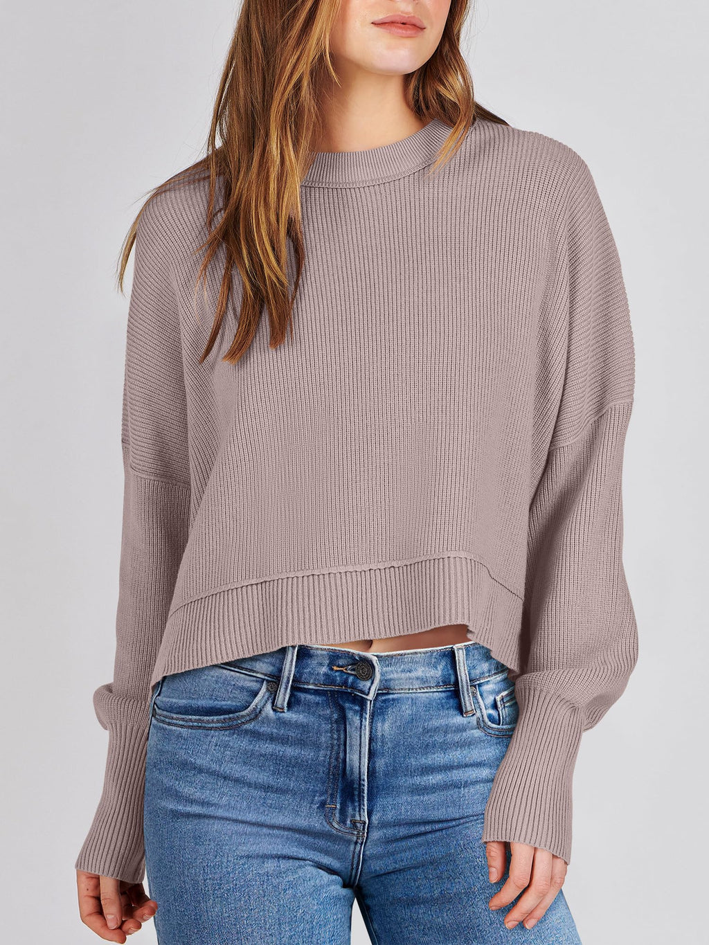 ANRABESS Womens Cropped Sweaters Oversized Crewneck Long Batwing Sleeve Side Slit Ribbed Knit Pullover Tops 2025 Fall Clothes Medium