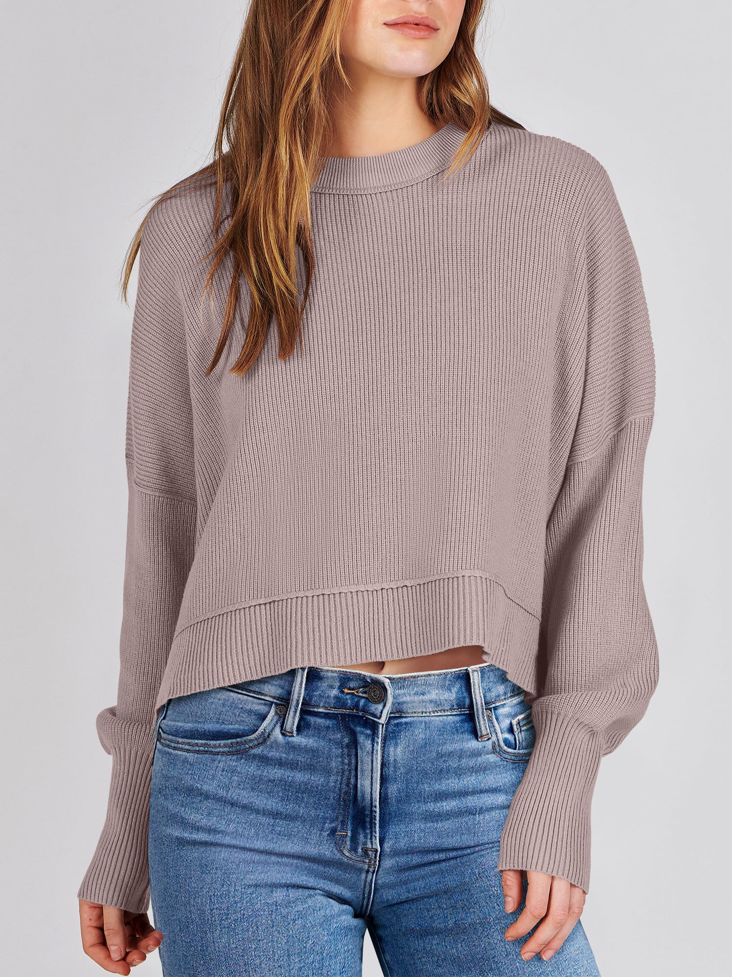 ANRABESS Womens Cropped Sweaters Oversized Crewneck Long Batwing Sleeve Side Slit Ribbed Knit Pullover Tops 2025 Fall Clothes Medium