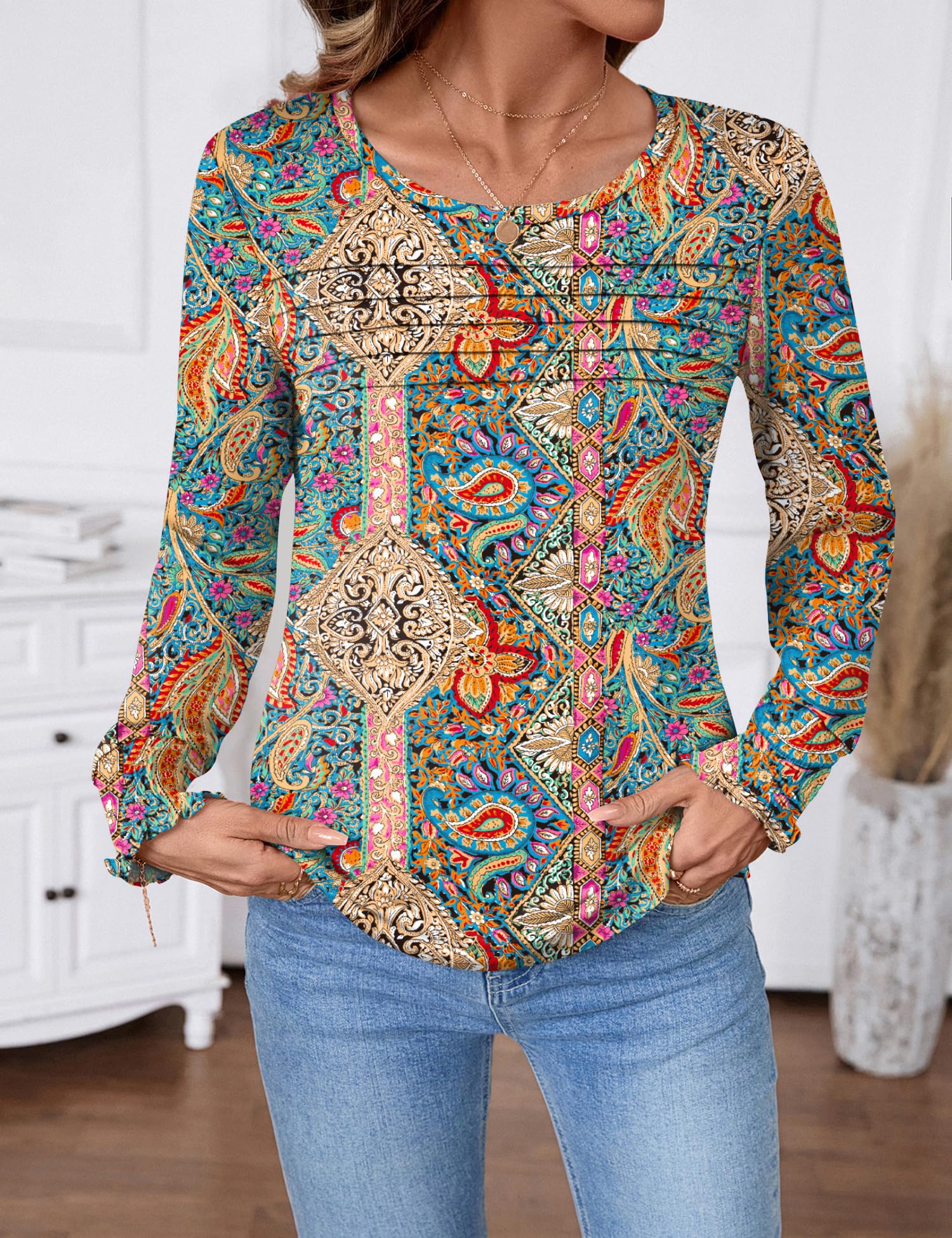 LOMON Womens Long Sleeve Boho Tops Dressy Casual Fall Women's Tunics Tops Flowy Summer Shirts Travel Clothes Women S Multicolor