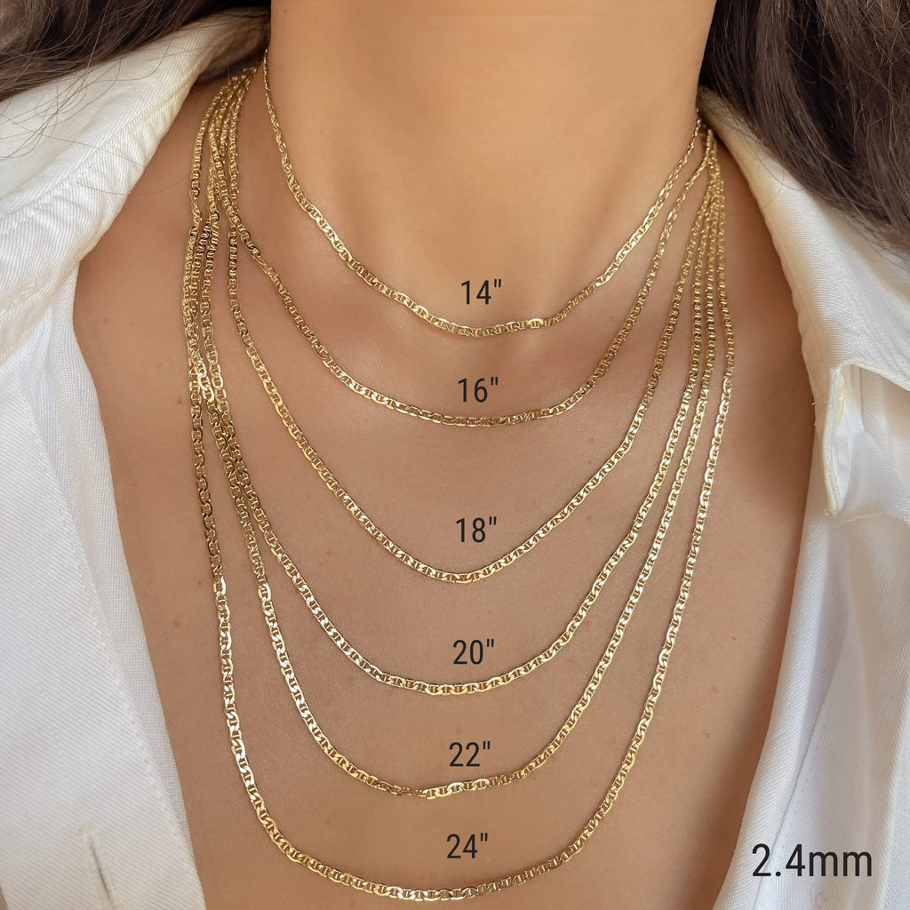 JEWELHEART 14K Real Gold Flat Mariner Chain - 2.4mm Diamond Cut Anchor Link Chain Necklace For Men - Dainty Yellow Gold Pendant Necklace For Women with Lobster Clasp 18"