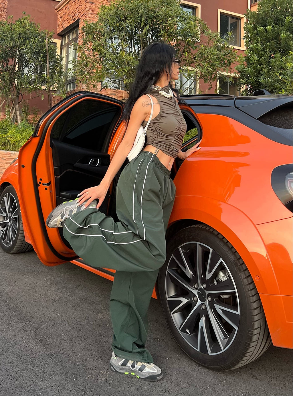Springrain Womens Wide Leg Track Pants Slouchy Stripe Detail Jogger Sweatpants with Pockets(ArmyGreen-XS)